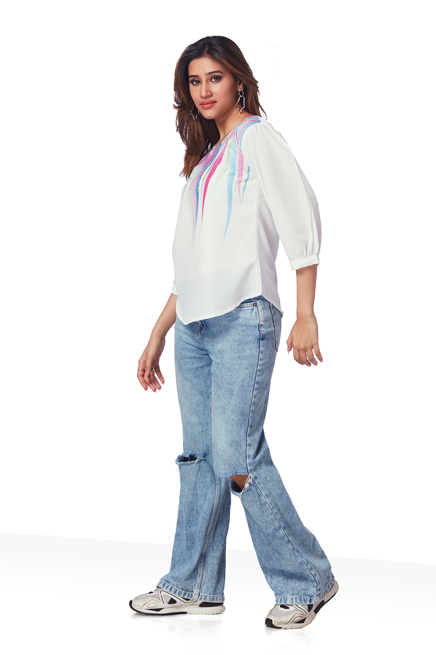 Multi Color Stripes On Georgette Top With Shimmer Work image 3