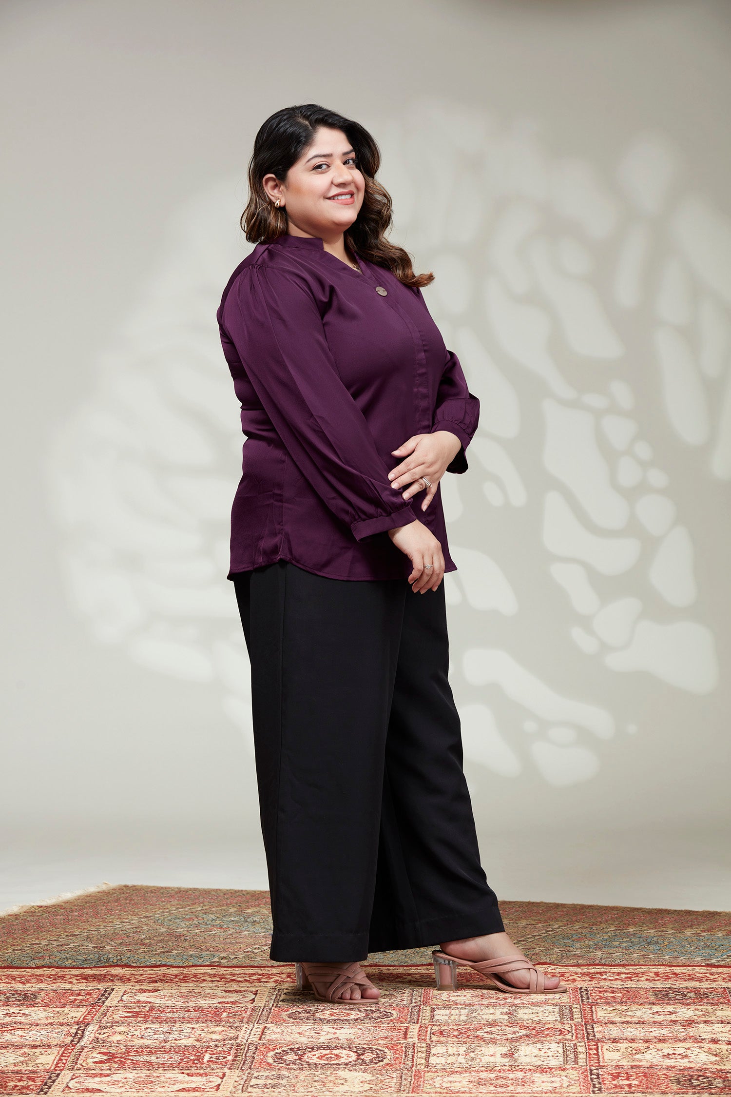 Satin Semi Formal Round Collar Top - Maroon image 2