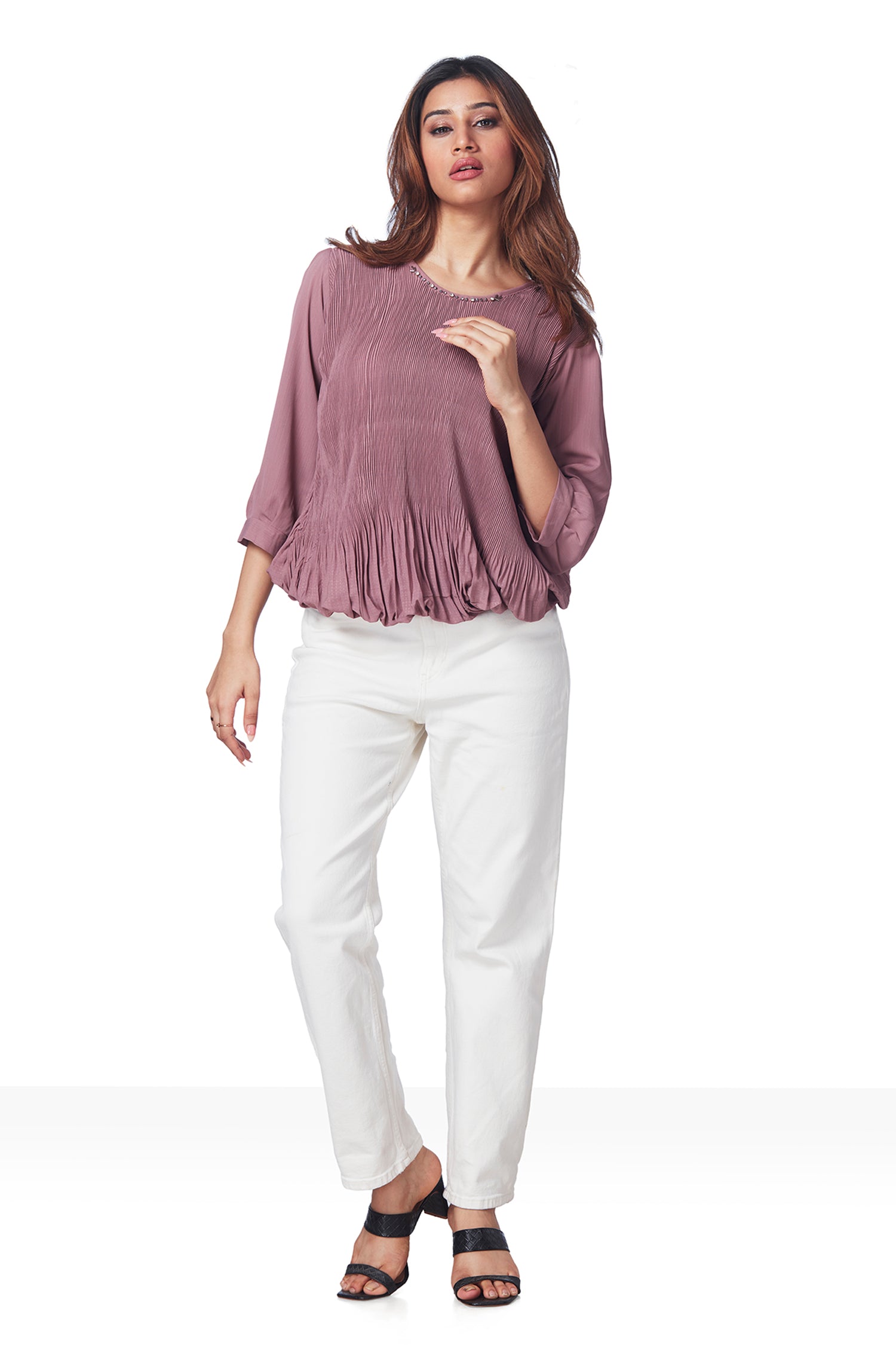 Partywear Round Neck Ribbed 3/4TH Sleeves Top - Pink image 2