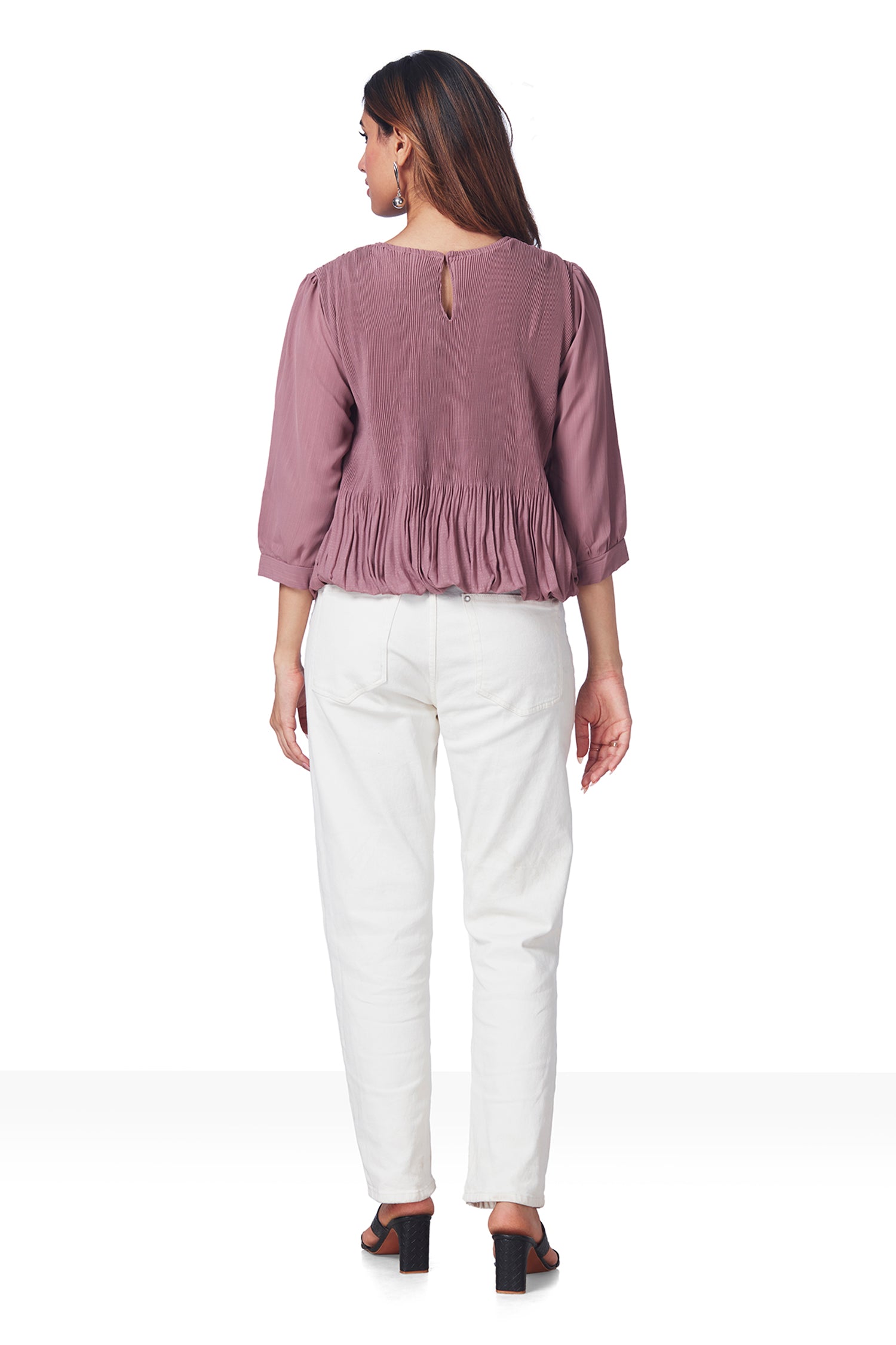 Partywear Round Neck Ribbed 3/4TH Sleeves Top - Pink image 3