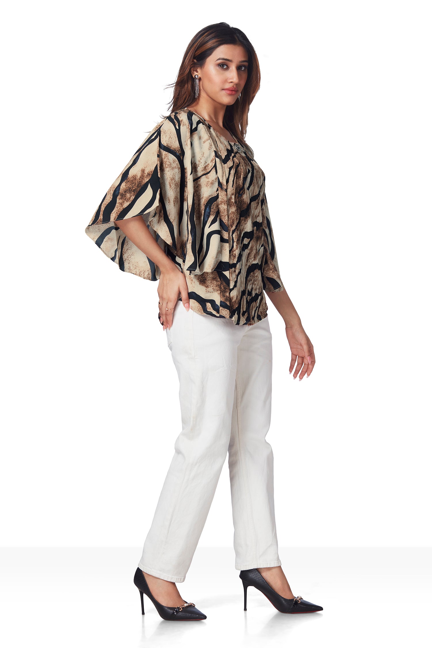 Partywear Kaftan Style Printed Top - Chikoo image 2