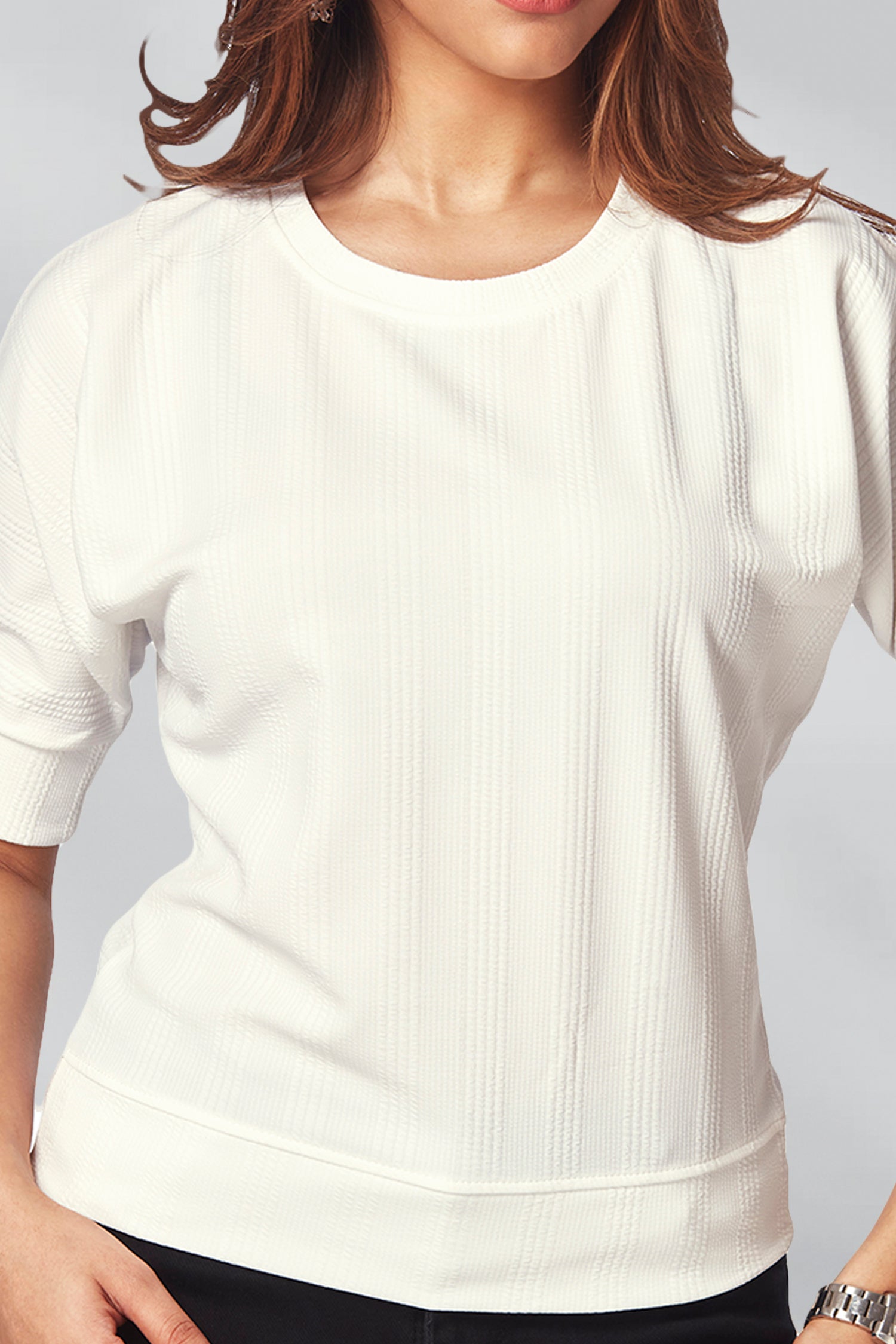 Casual Round Neck Self Texture T-shirts - White image 2
