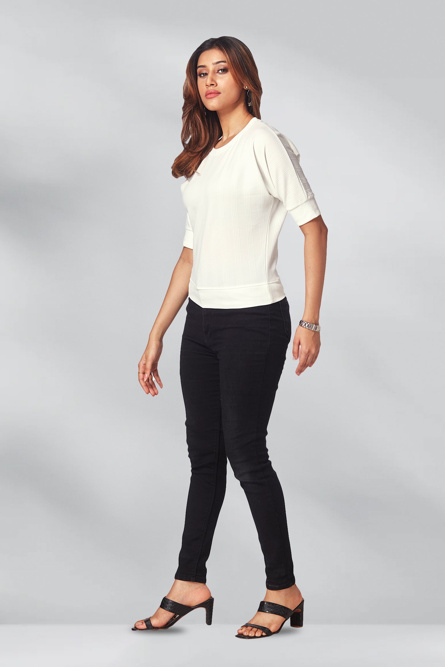 Casual Round Neck Self Texture T-shirts - White image 3