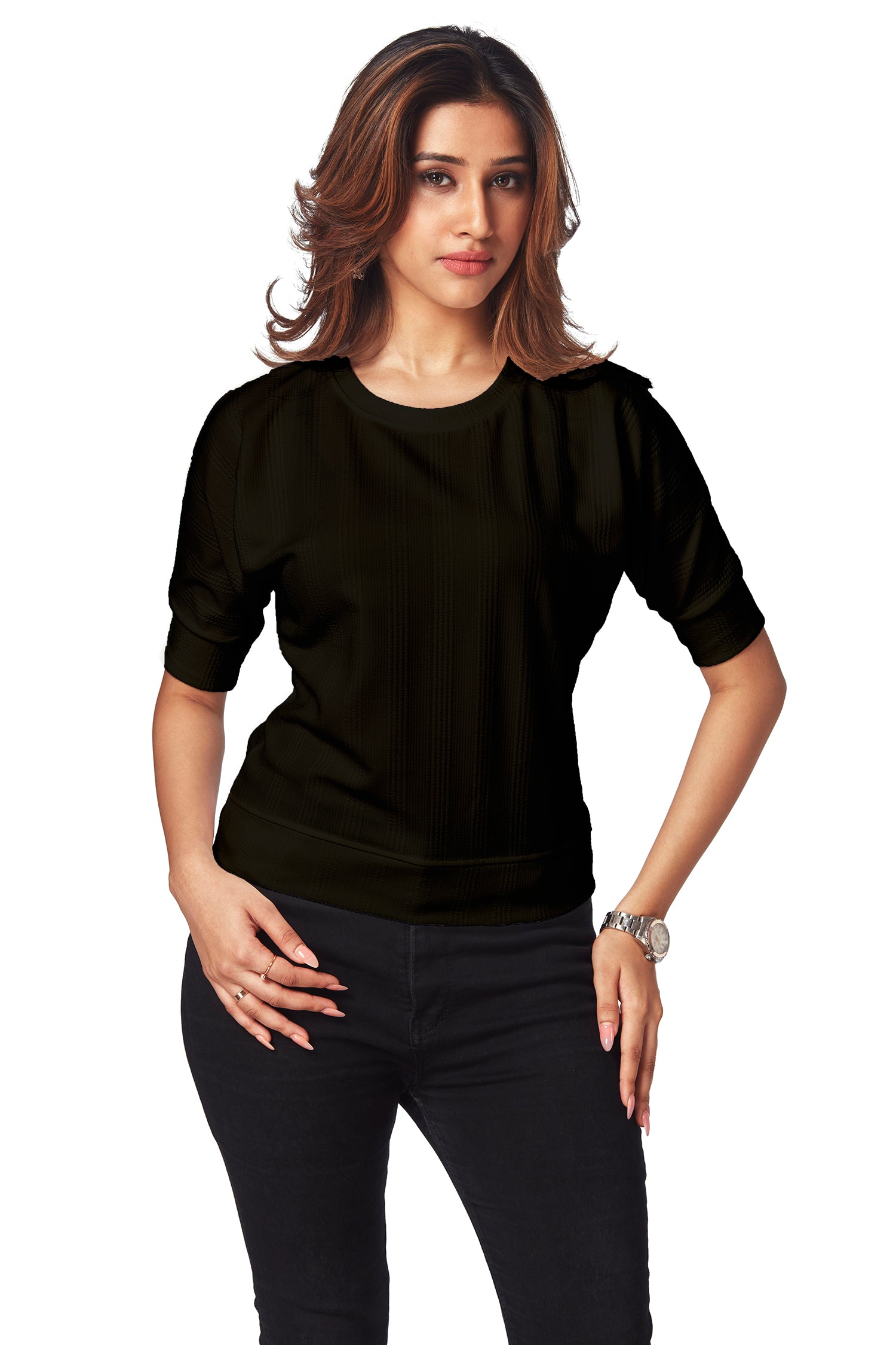 Casual Round Neck Self Texture T-shirts -BLACK