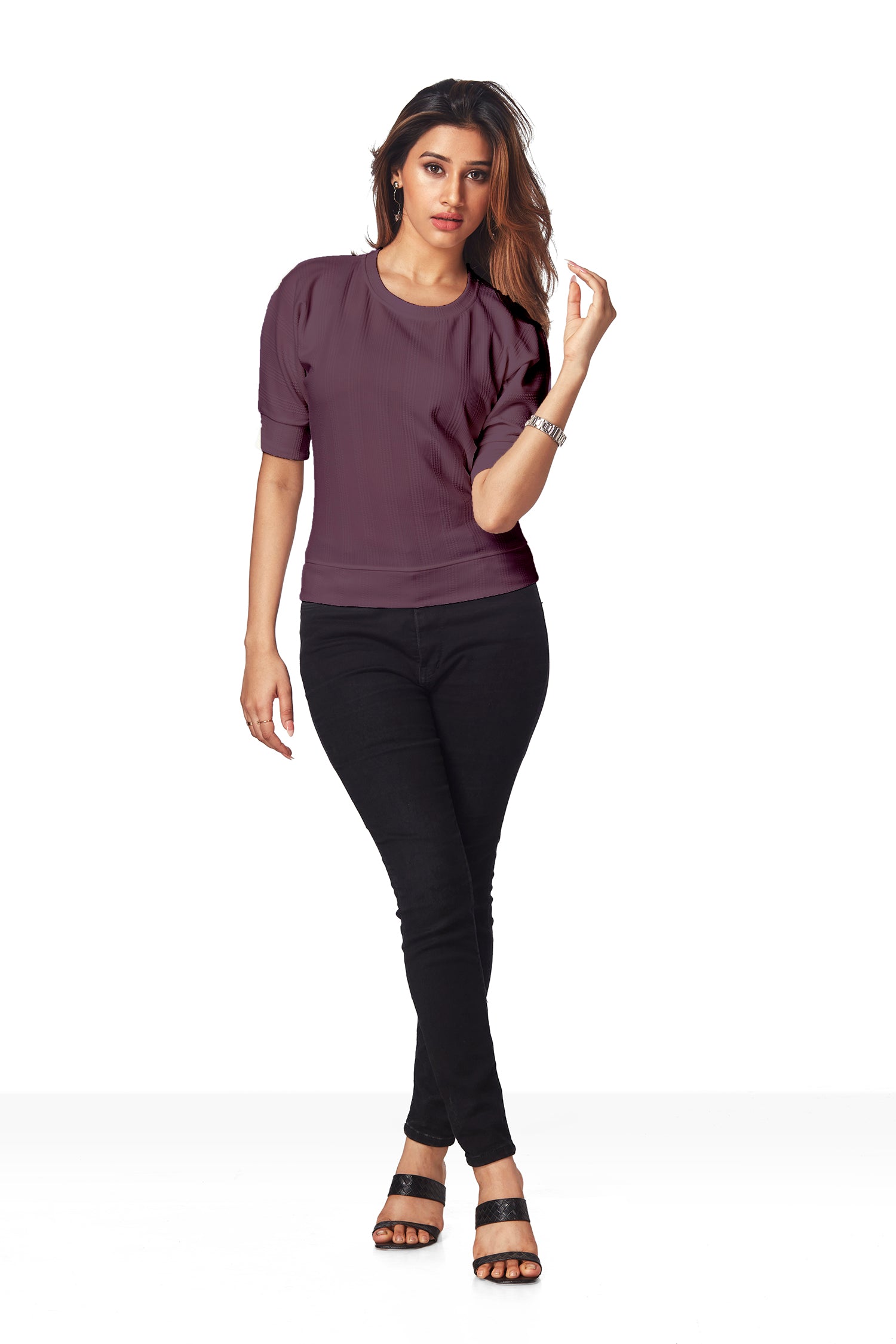 Casual Round Neck Self Texture T-shirts - Green image 2