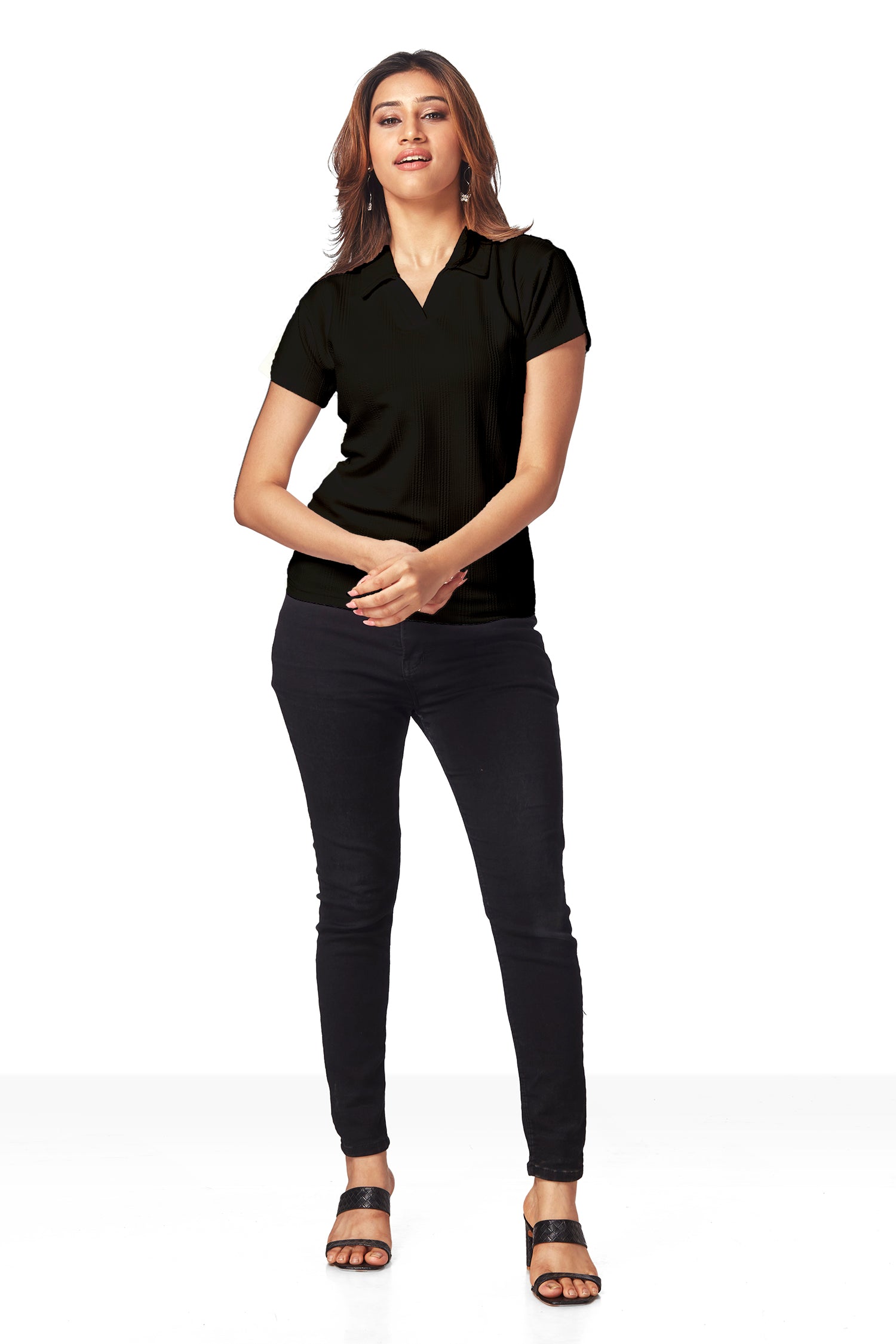 Casual V Neck Collar Self Texture T-shirts -BLACK image 2