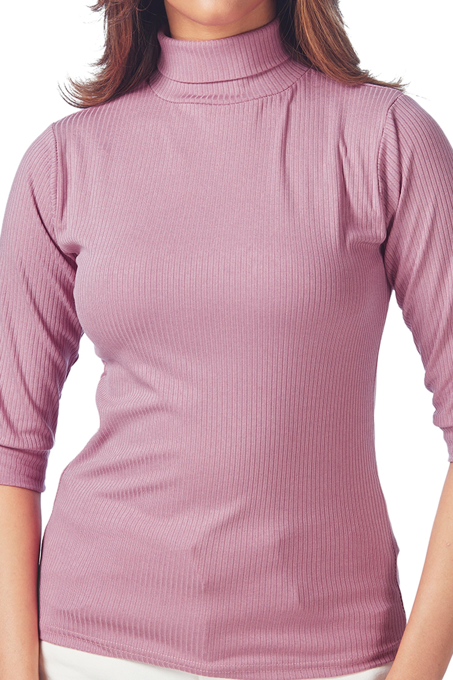Casual Polo Neck Ribbed 3/4TH Sleeves T-shirts - Pink image 2