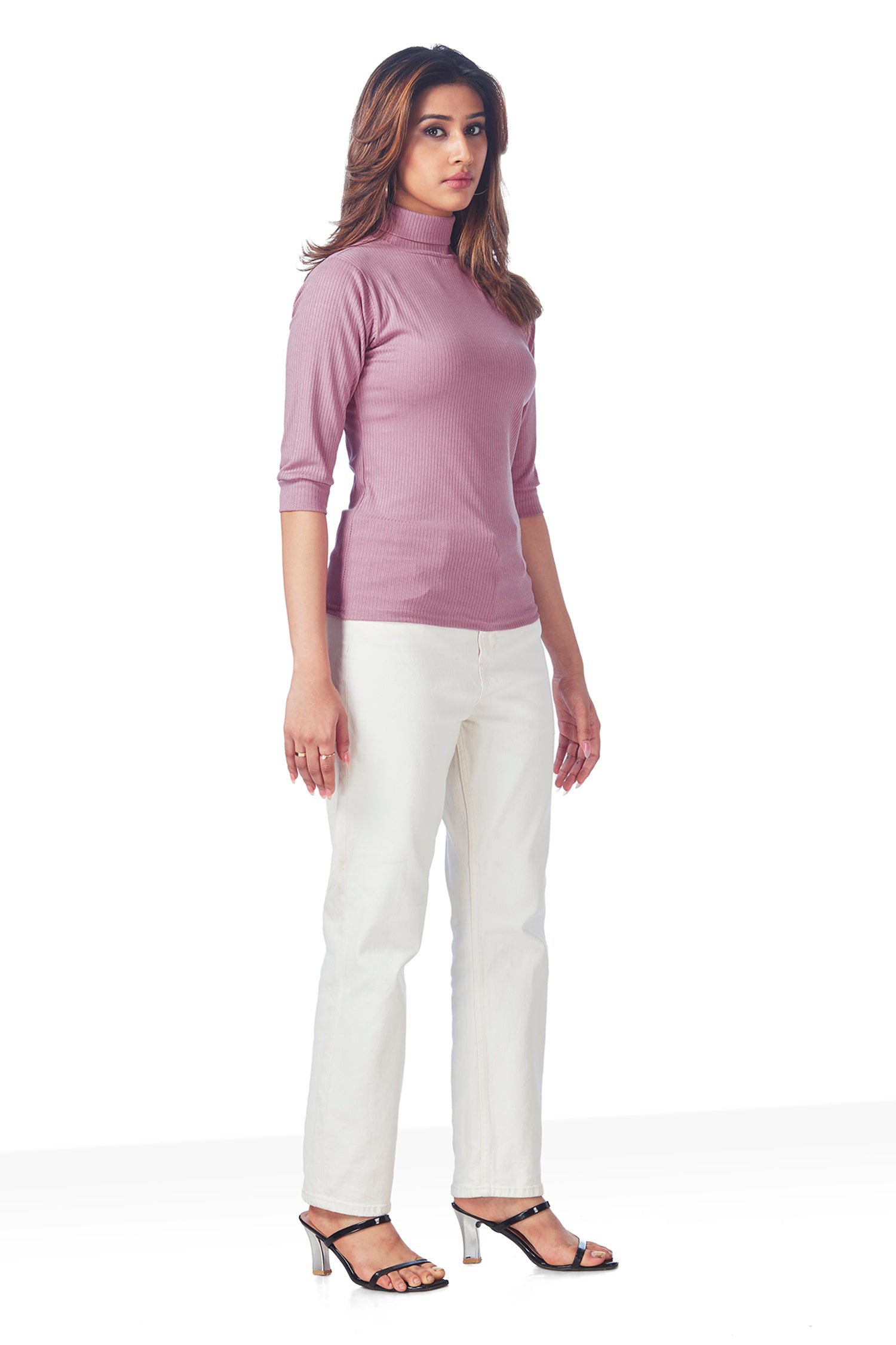 Casual Polo Neck Ribbed 3/4TH Sleeves T-shirts - Pink image 3