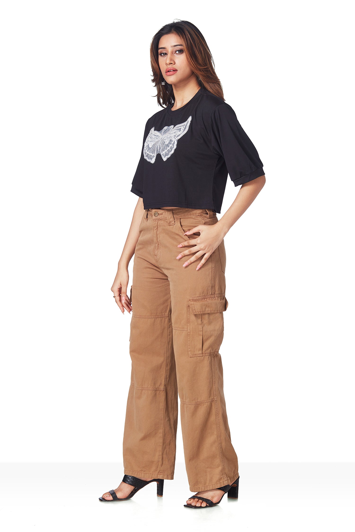 Sequin Work Butterfly Patch Crop T-shirts Â - Black