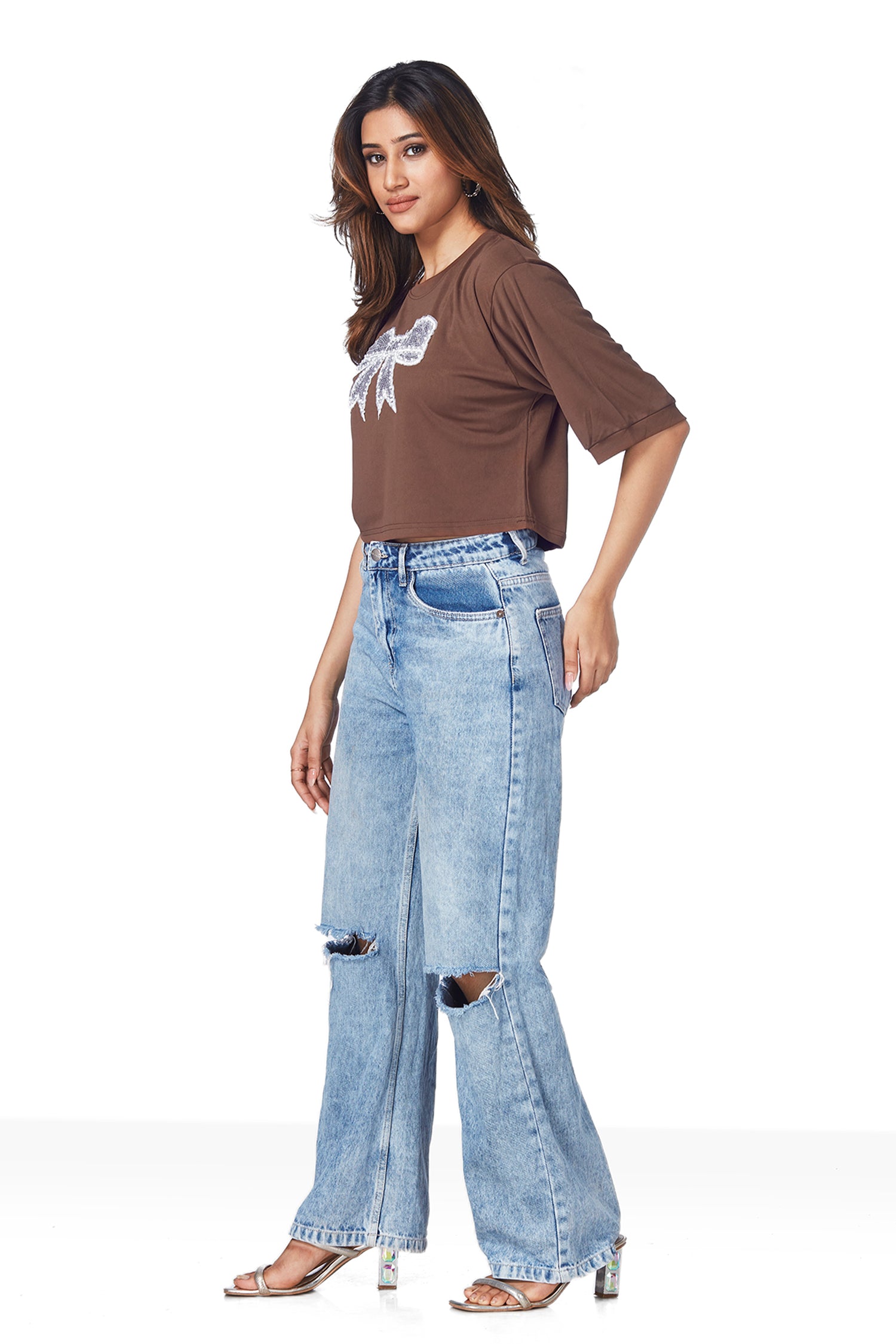 Sequin Work Bow Patch Crop T-shirts Â - Brown image 3