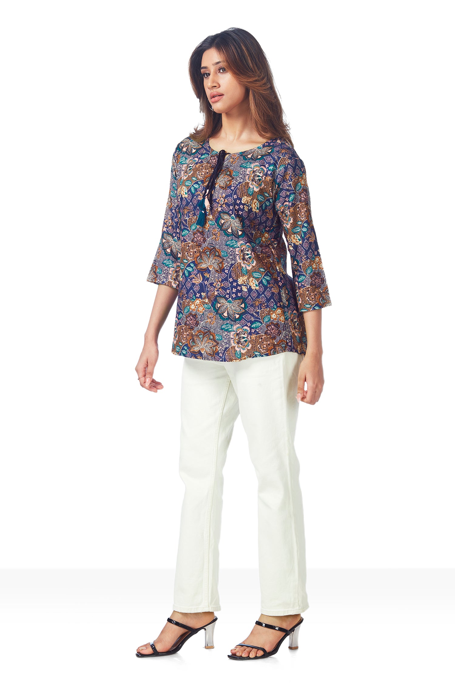 Causal Blue Color Floral Printed Top image 3