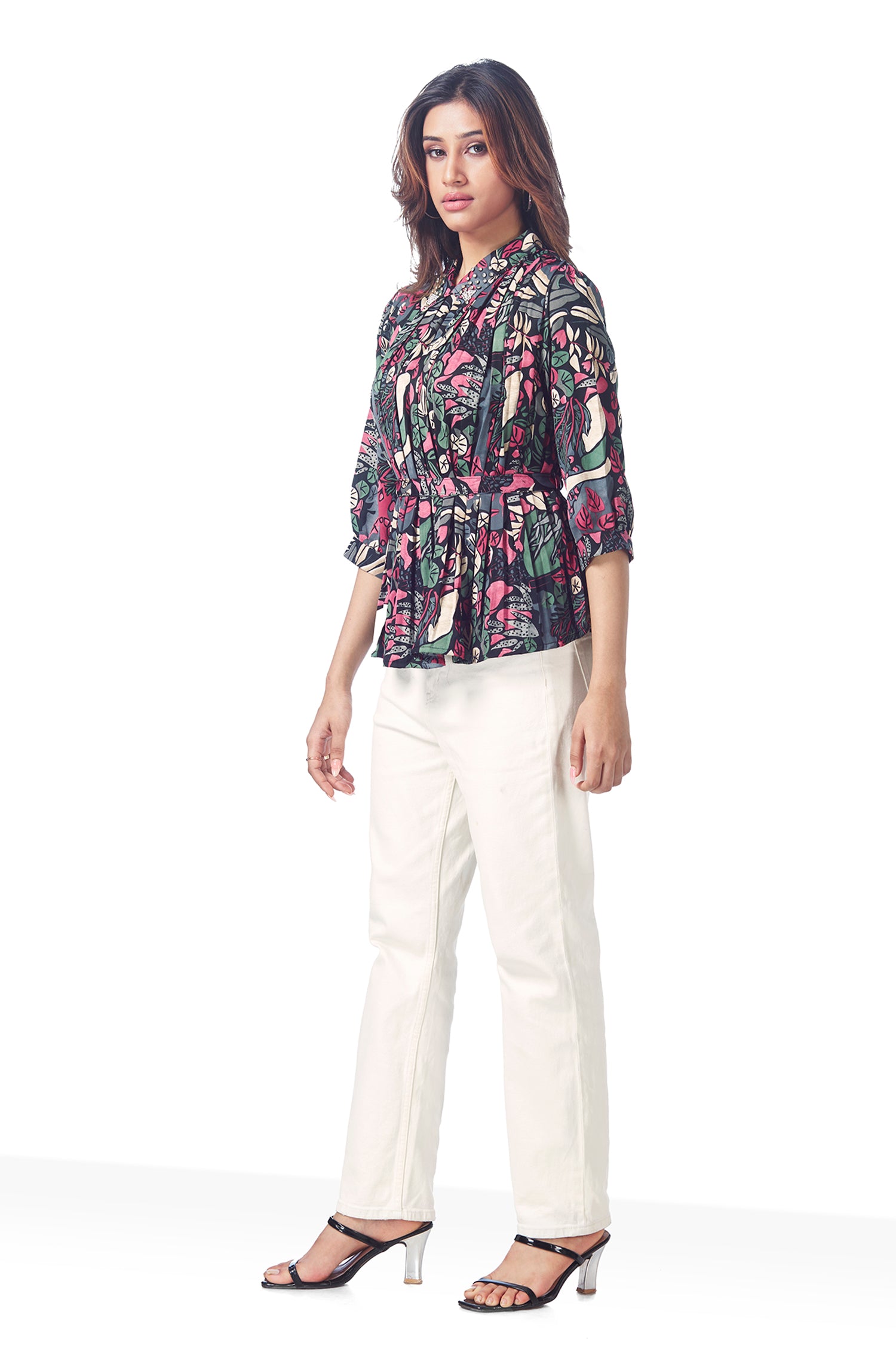 Printed Peplum Style Highlighted Collar Neck Top image 3