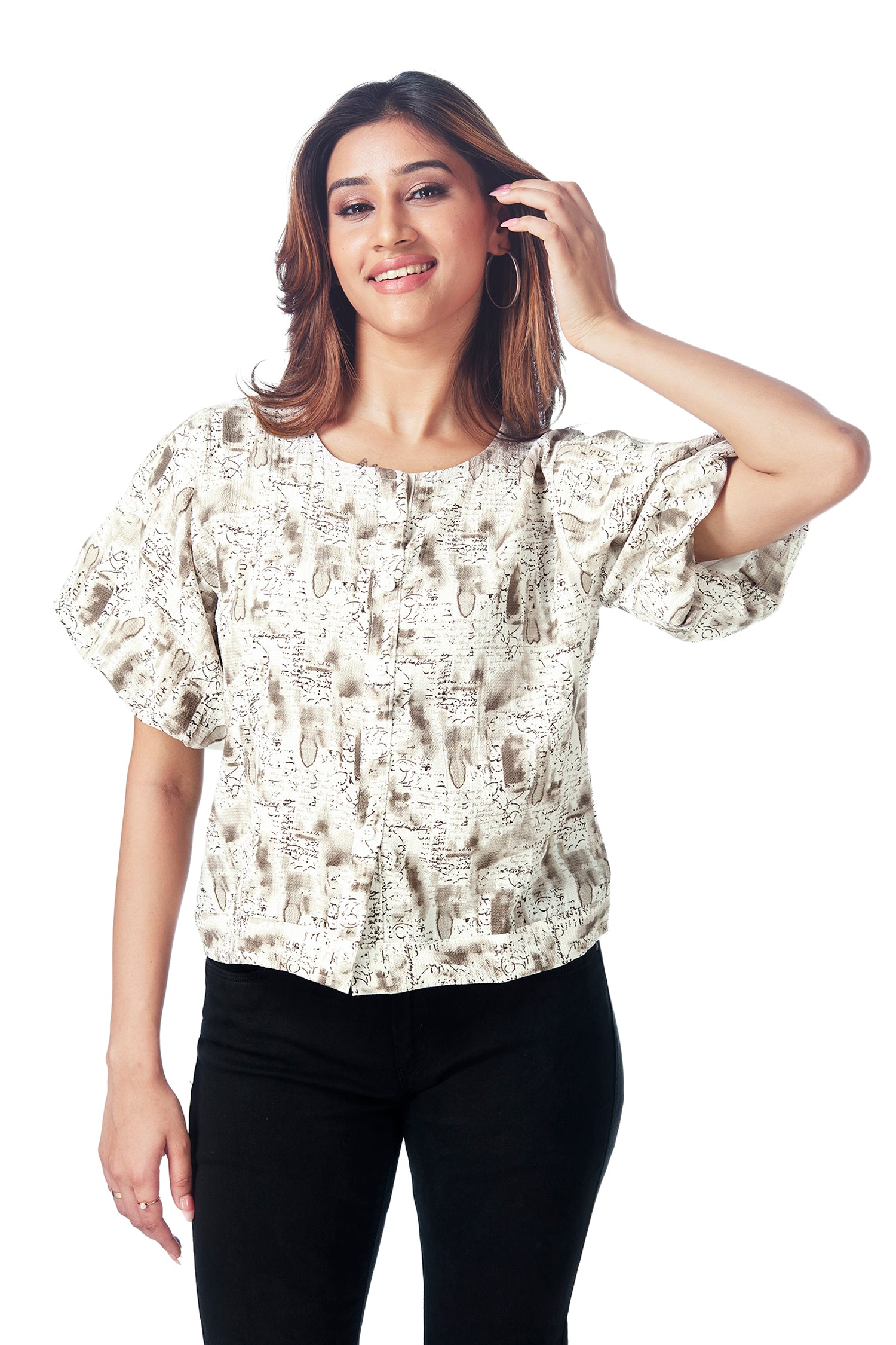Causal Printed Balloon Sleeves Crop Top - Brown
