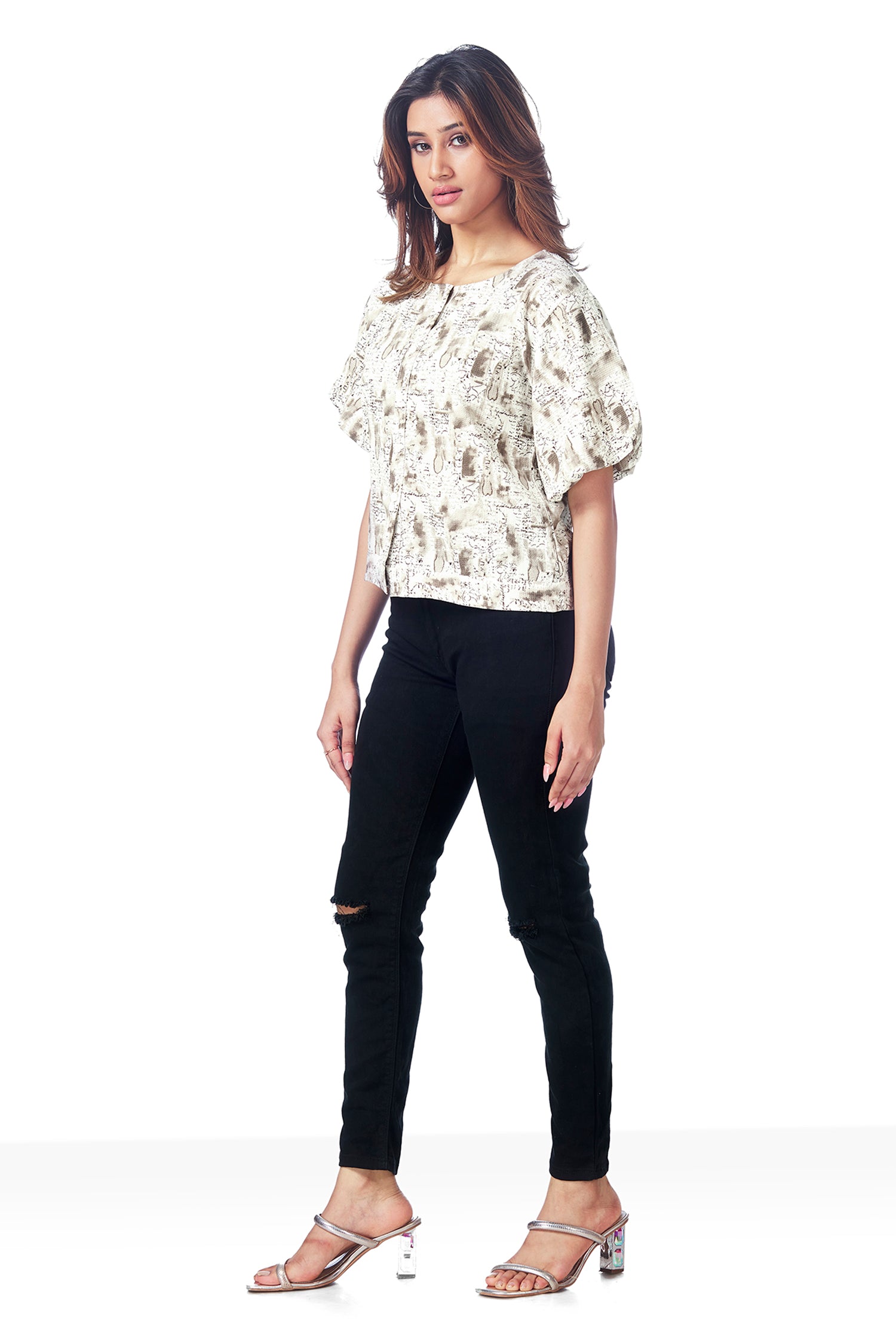 Causal Printed Balloon Sleeves Crop Top - Brown image 2