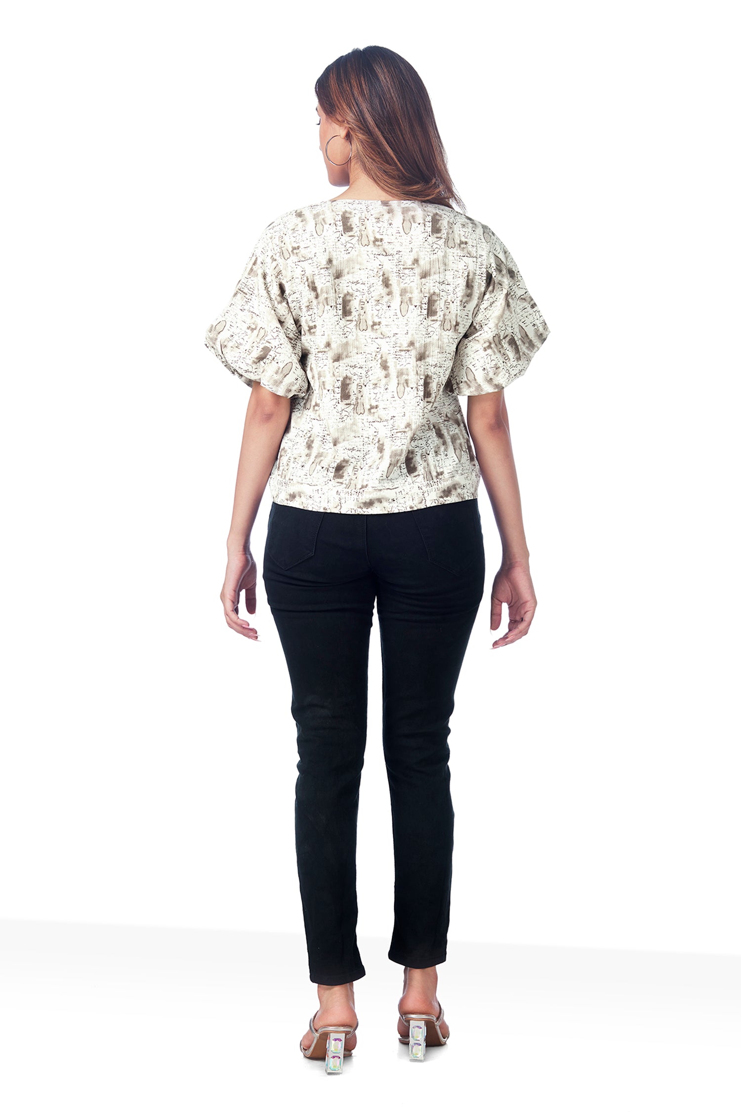 Causal Printed Balloon Sleeves Crop Top - Brown image 3