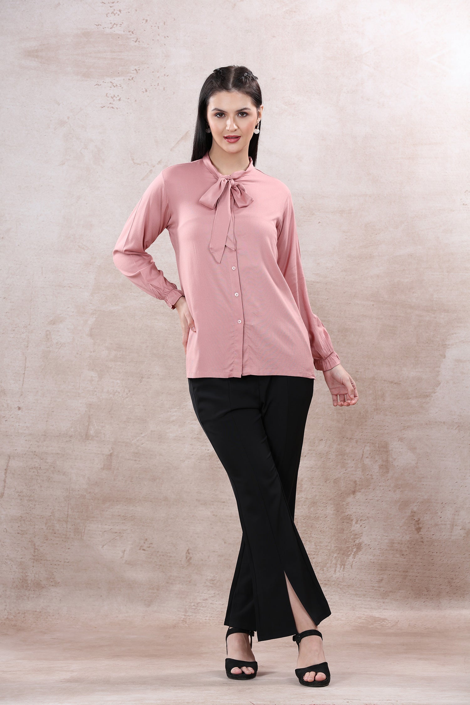 Front Bow Tie Semi Formal Shirt - Light Pink image 3