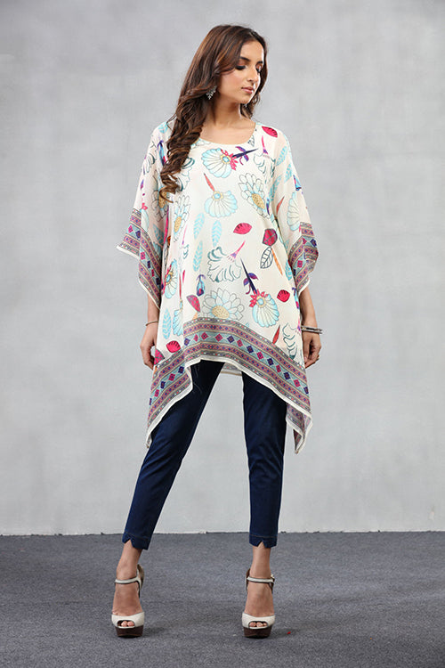 Short Kaftan With Floral Print - White image 2