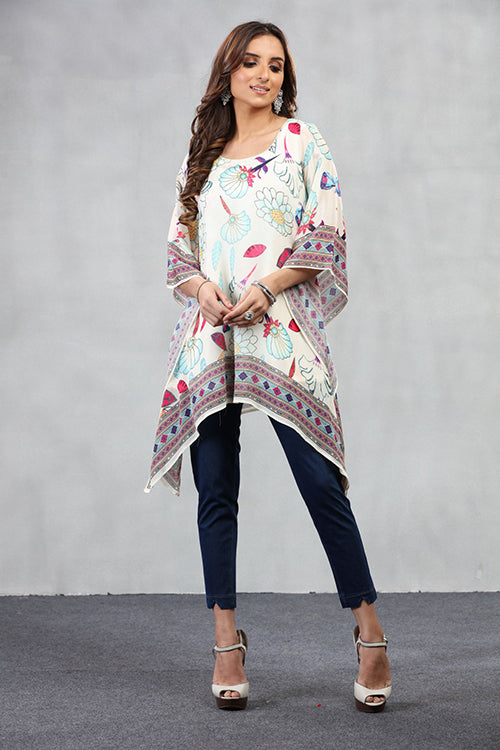 Short Kaftan With Floral Print - White image 3