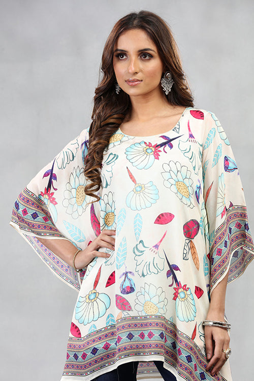Short Kaftan With Floral Print - White image 4
