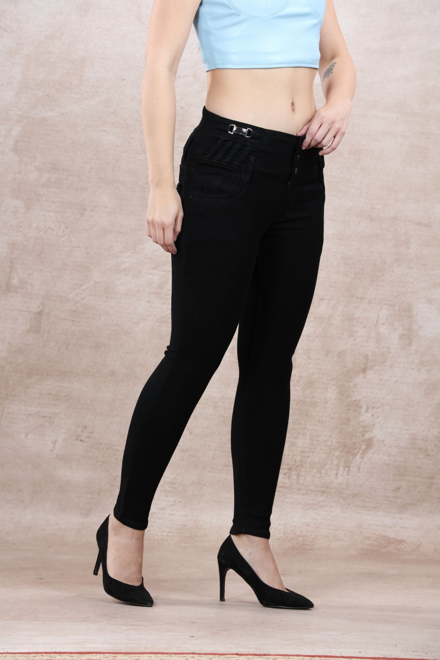Skinny Jeans With 4 Button And Stylish Top Bracelet Belt Look - Black image 2