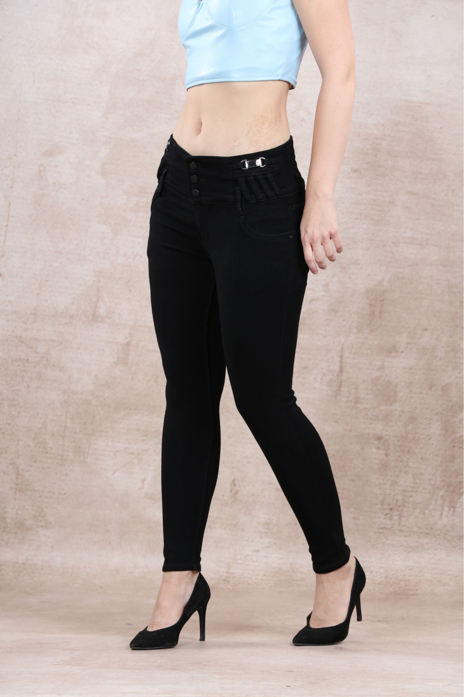 Skinny Jeans With 4 Button And Stylish Top Bracelet Belt Look - Black image 3