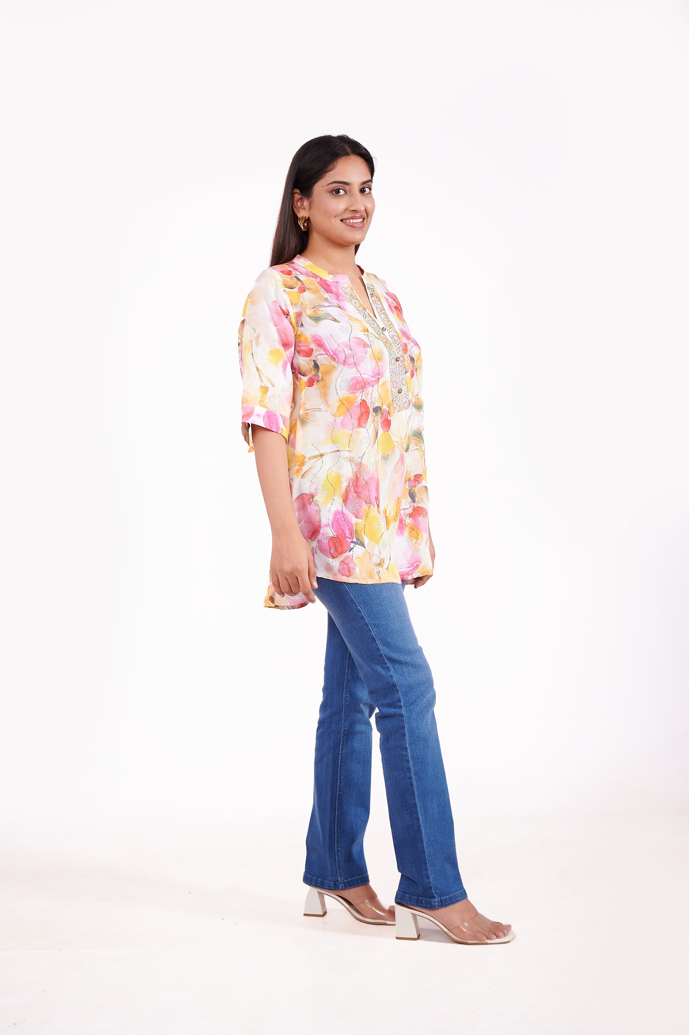 Crepe Floral Printed Tunic Top - Cream image 2