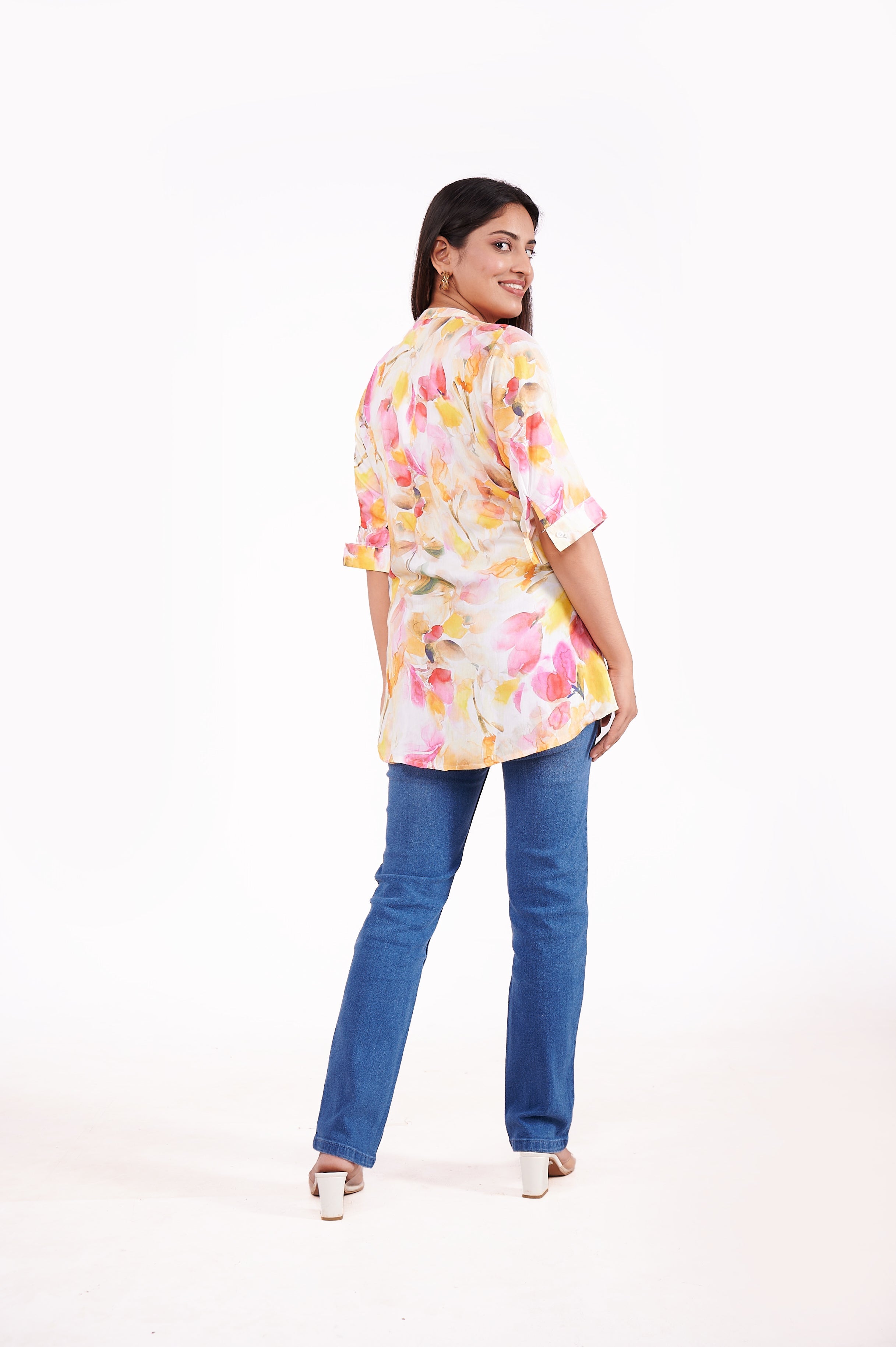 Crepe Floral Printed Tunic Top - Cream image 3