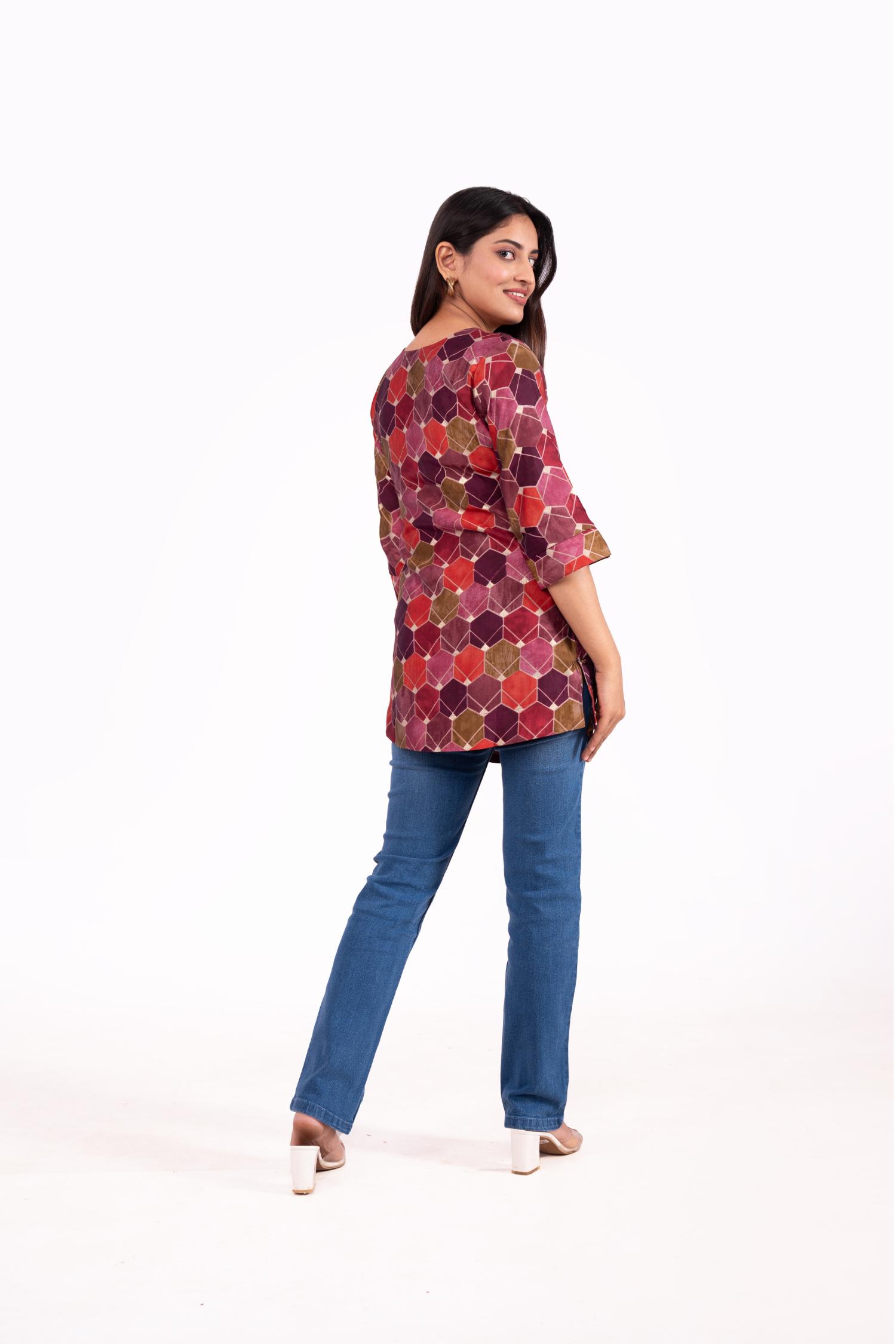 Modal Chandri Hexagonal Printed Tunic Top image 2