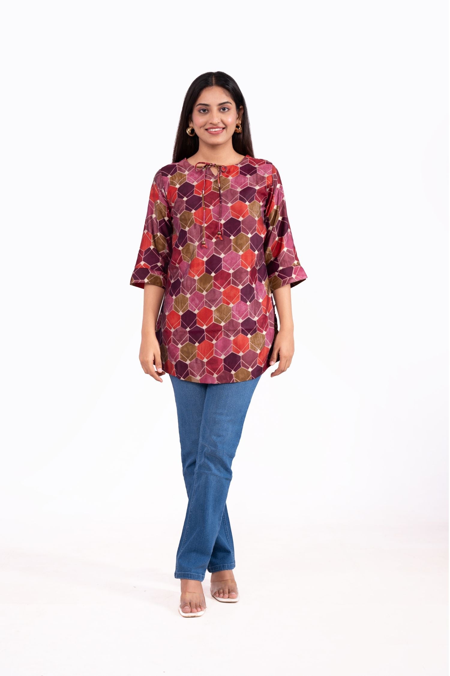 Modal Chandri Hexagonal Printed Tunic Top image 5