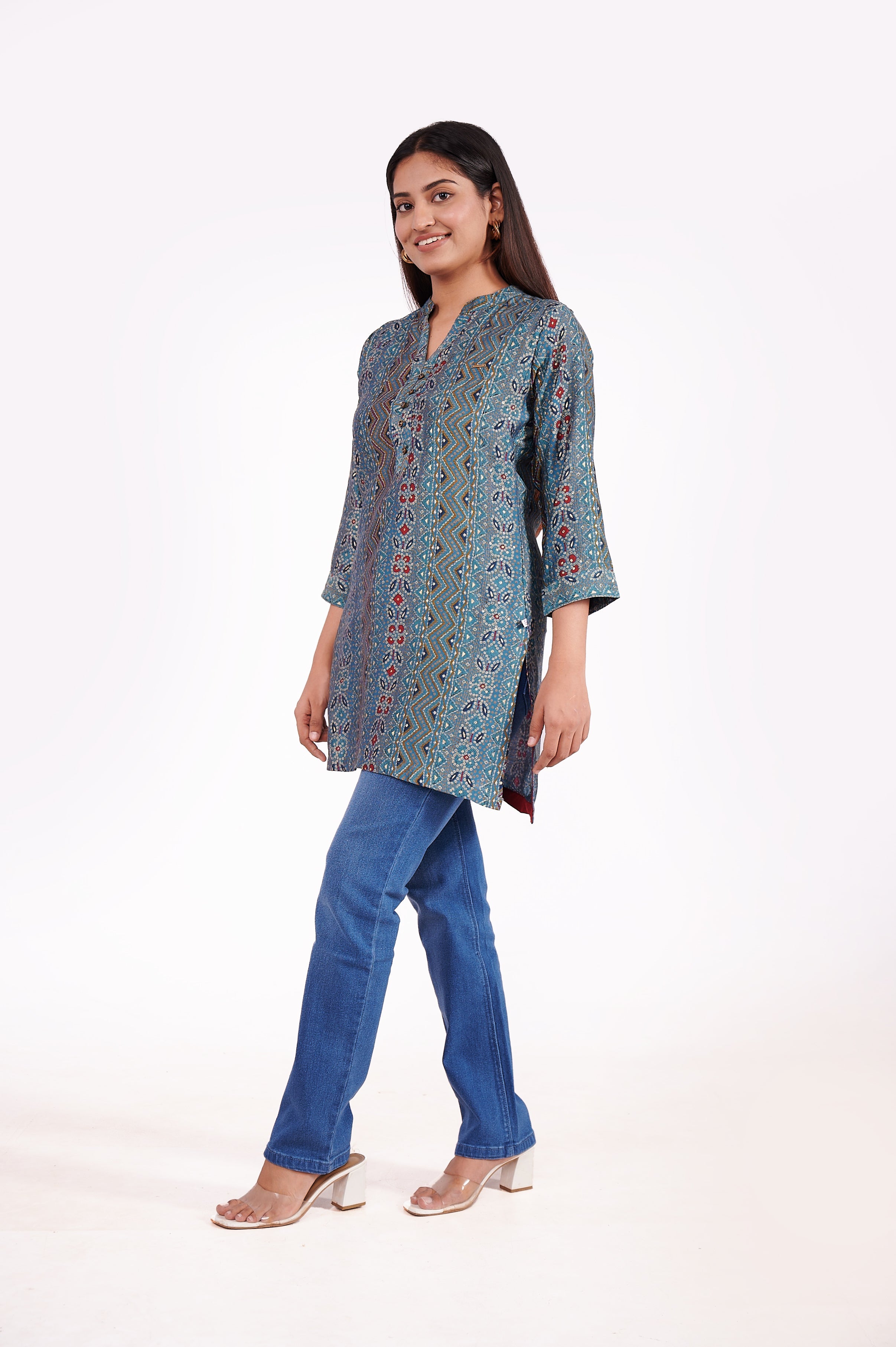 Bandhini Foil Printed A Line Tunic Top - Blue image 4