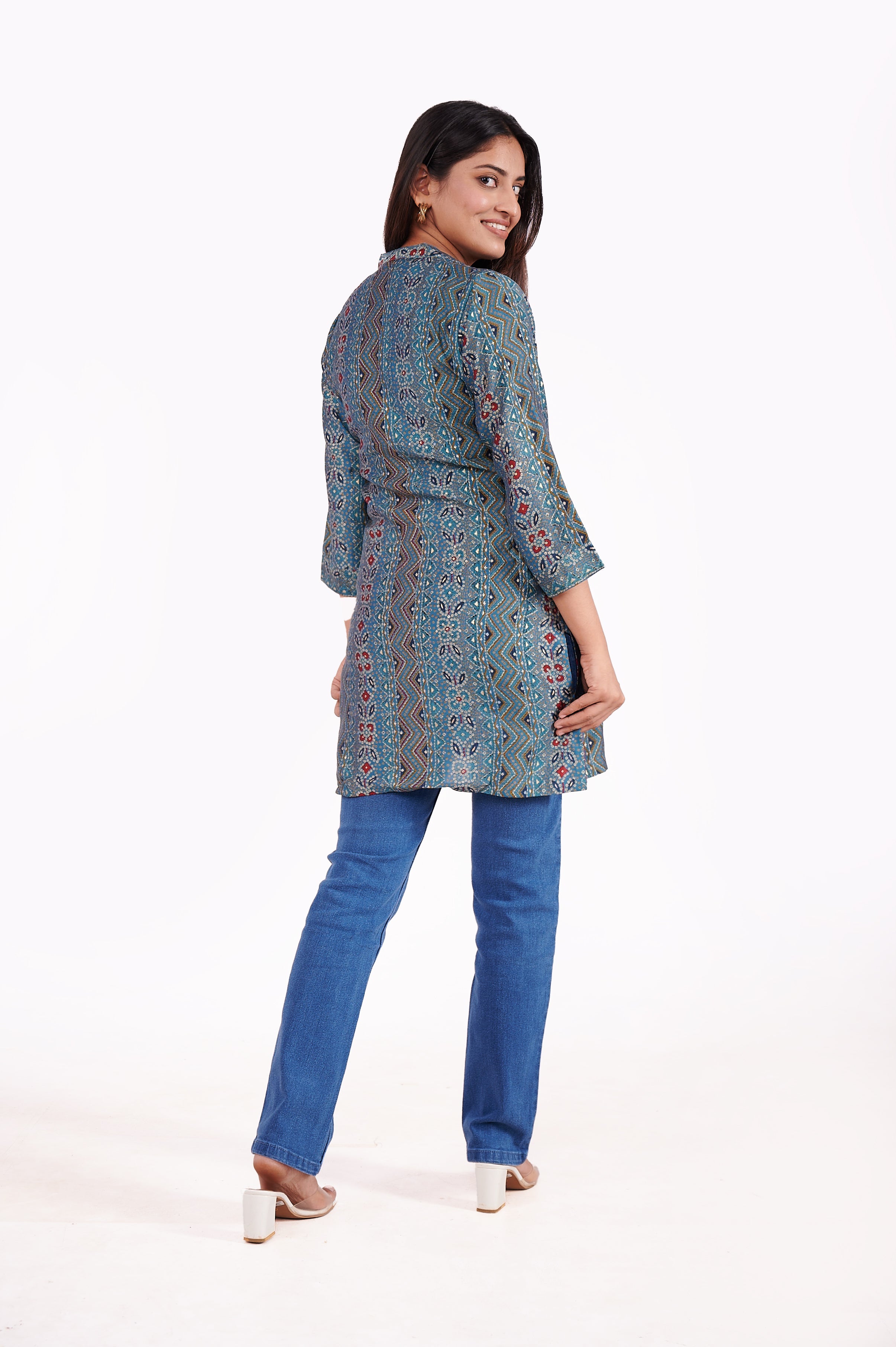 Bandhini Foil Printed A Line Tunic Top - Blue image 5