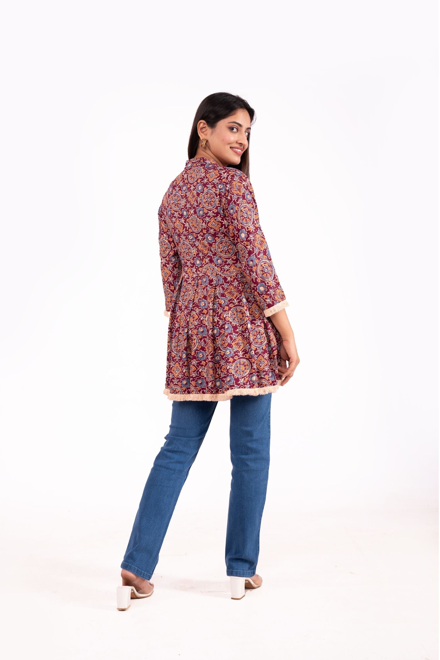 Maroon Rayon Printed Peplum Tunic Top With Belt image 2