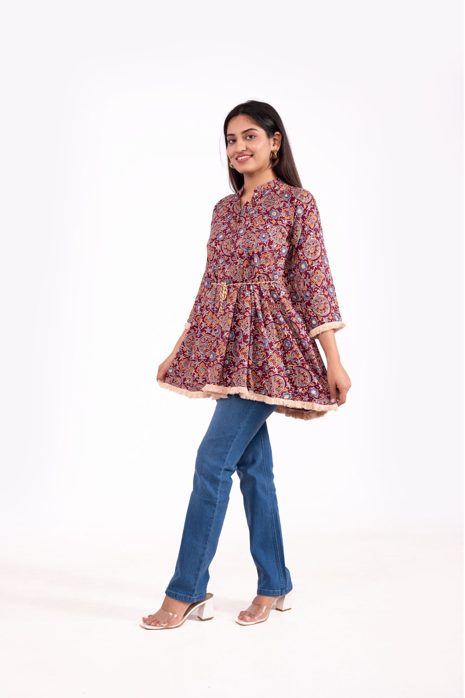 Maroon Rayon Printed Peplum Tunic Top With Belt image 3