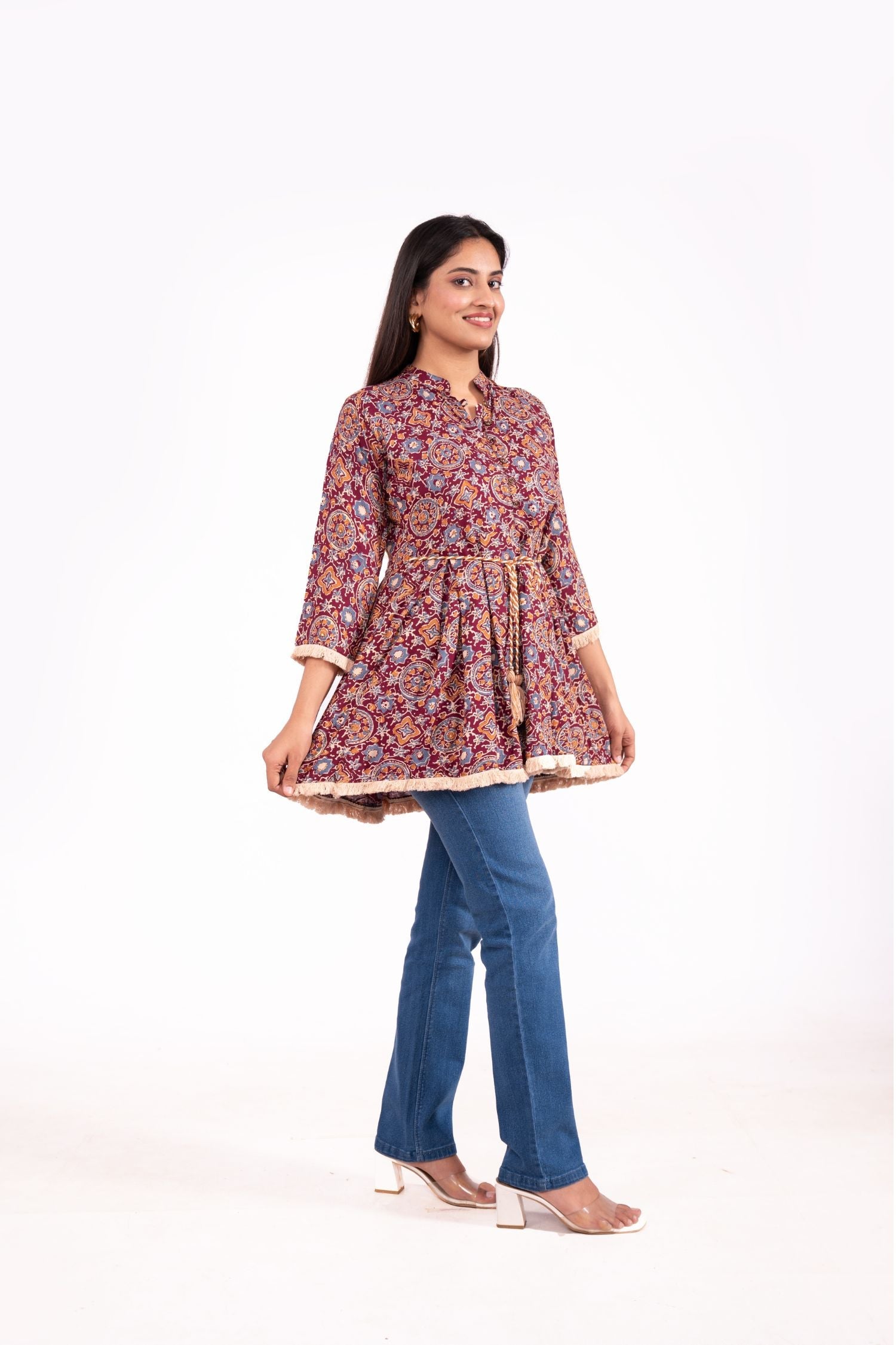 Maroon Rayon Printed Peplum Tunic Top With Belt image 4