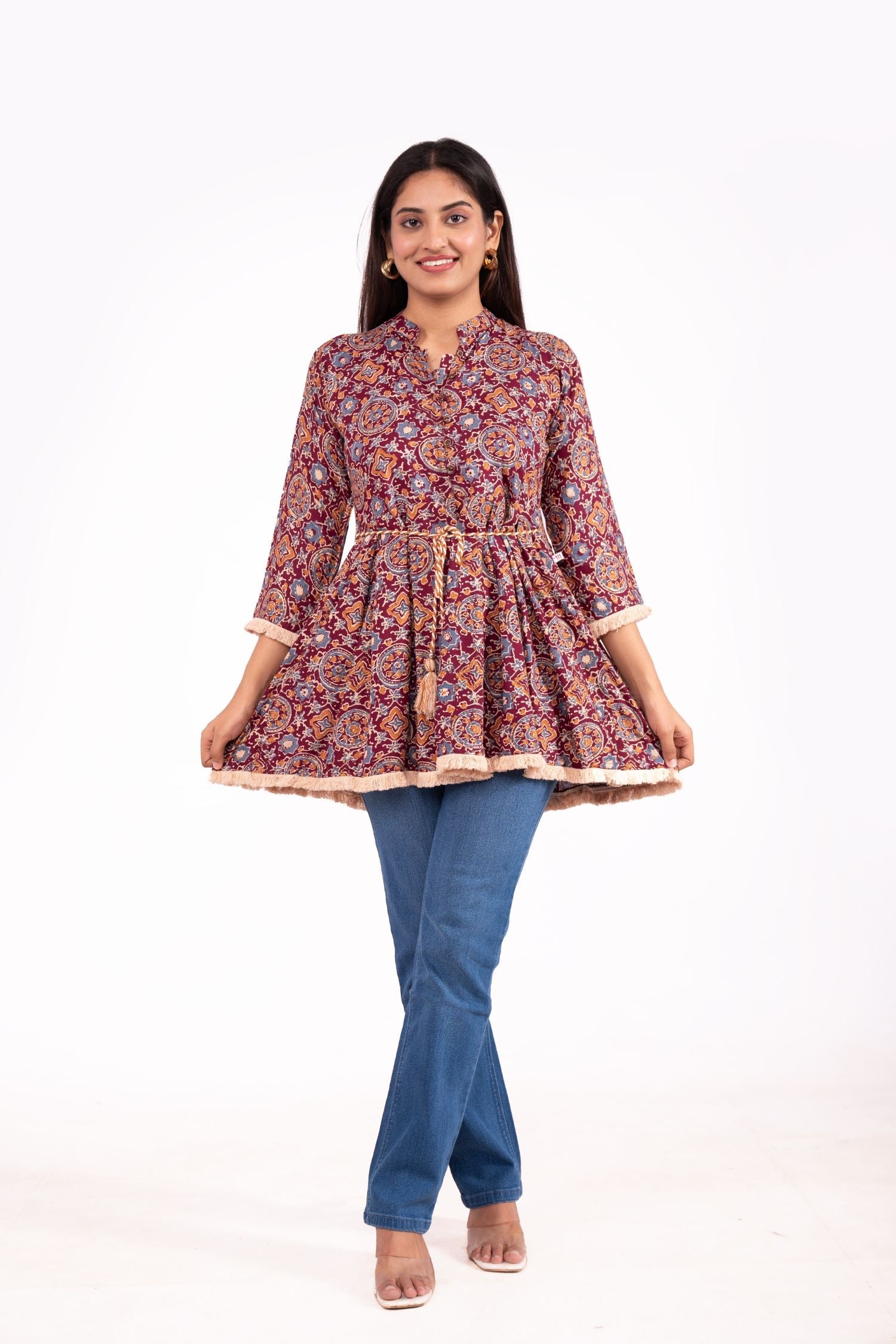 Maroon Rayon Printed Peplum Tunic Top With Belt image 5
