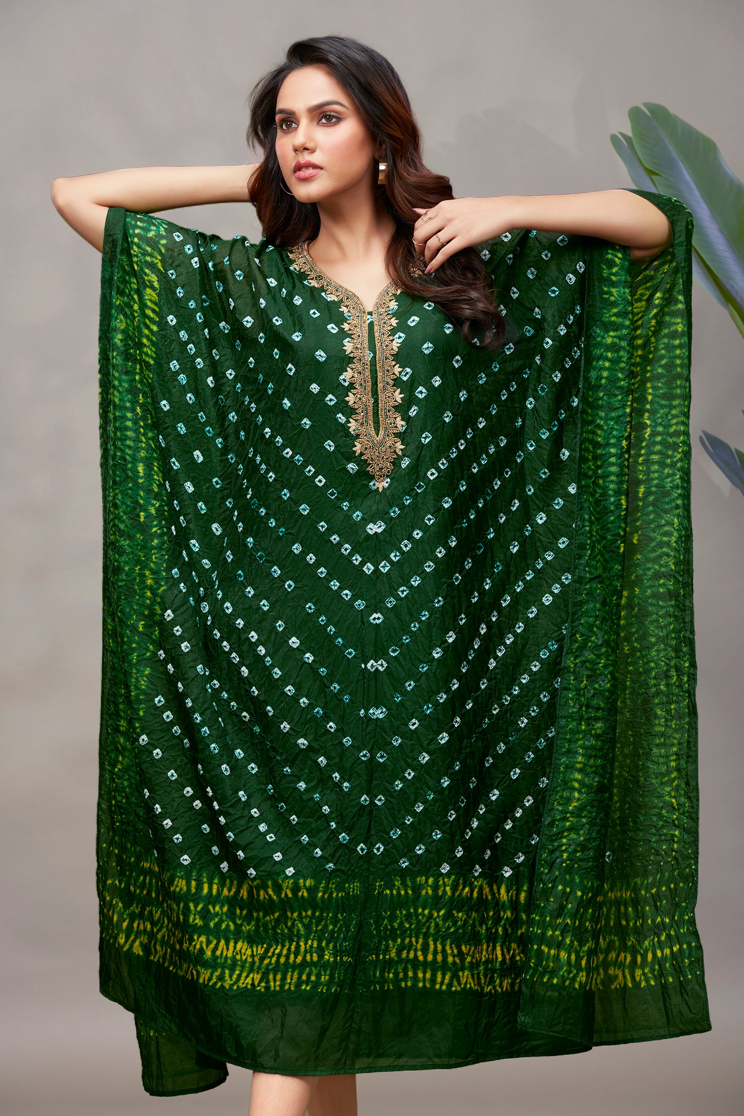 Bandhani Kaftan In Bottle Green Color image 2