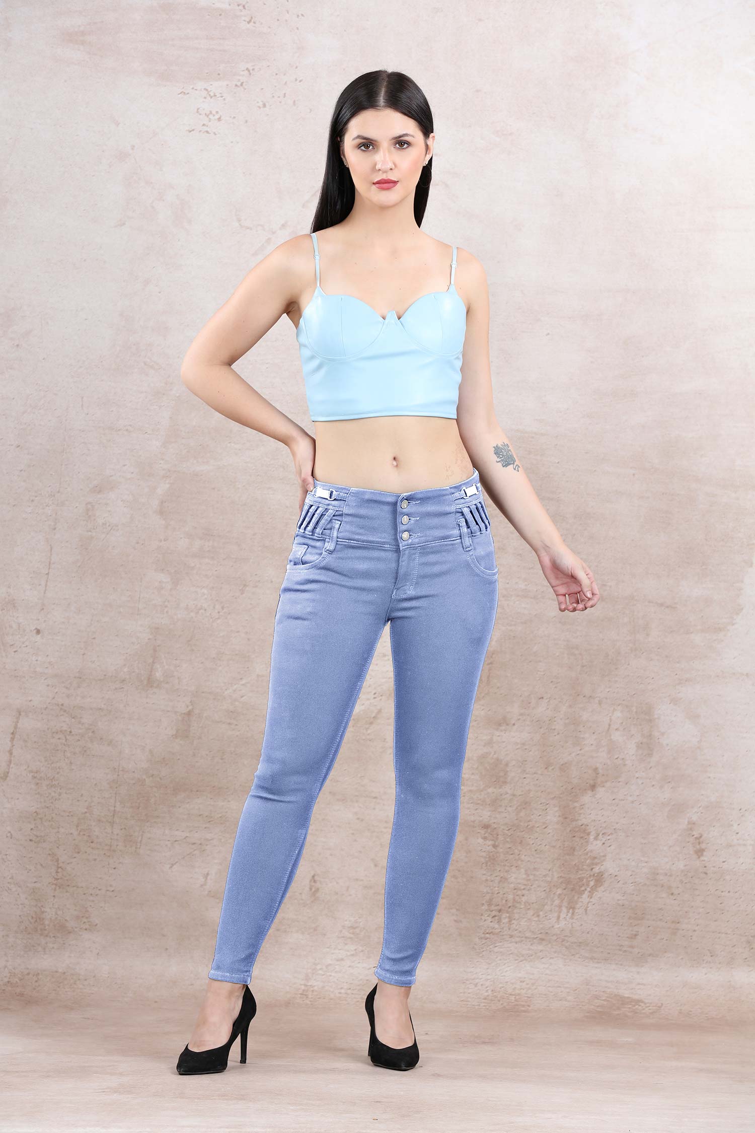 Skinny Jeans With 4 Button And Stylish Top Bracelet Belt Look - Sky Blue