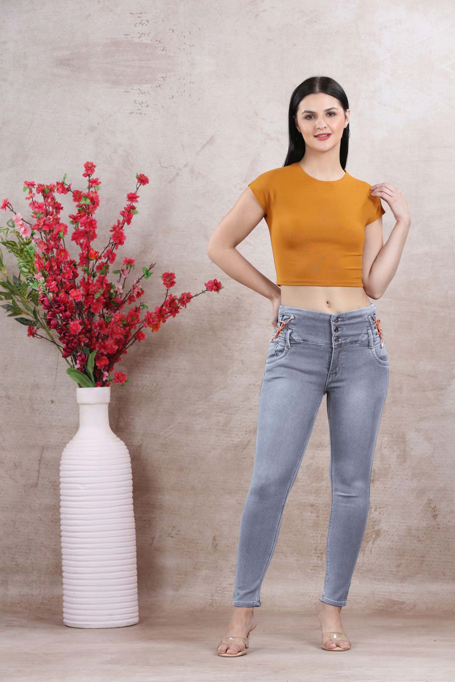 Jeans With Side Lace - Light Grey