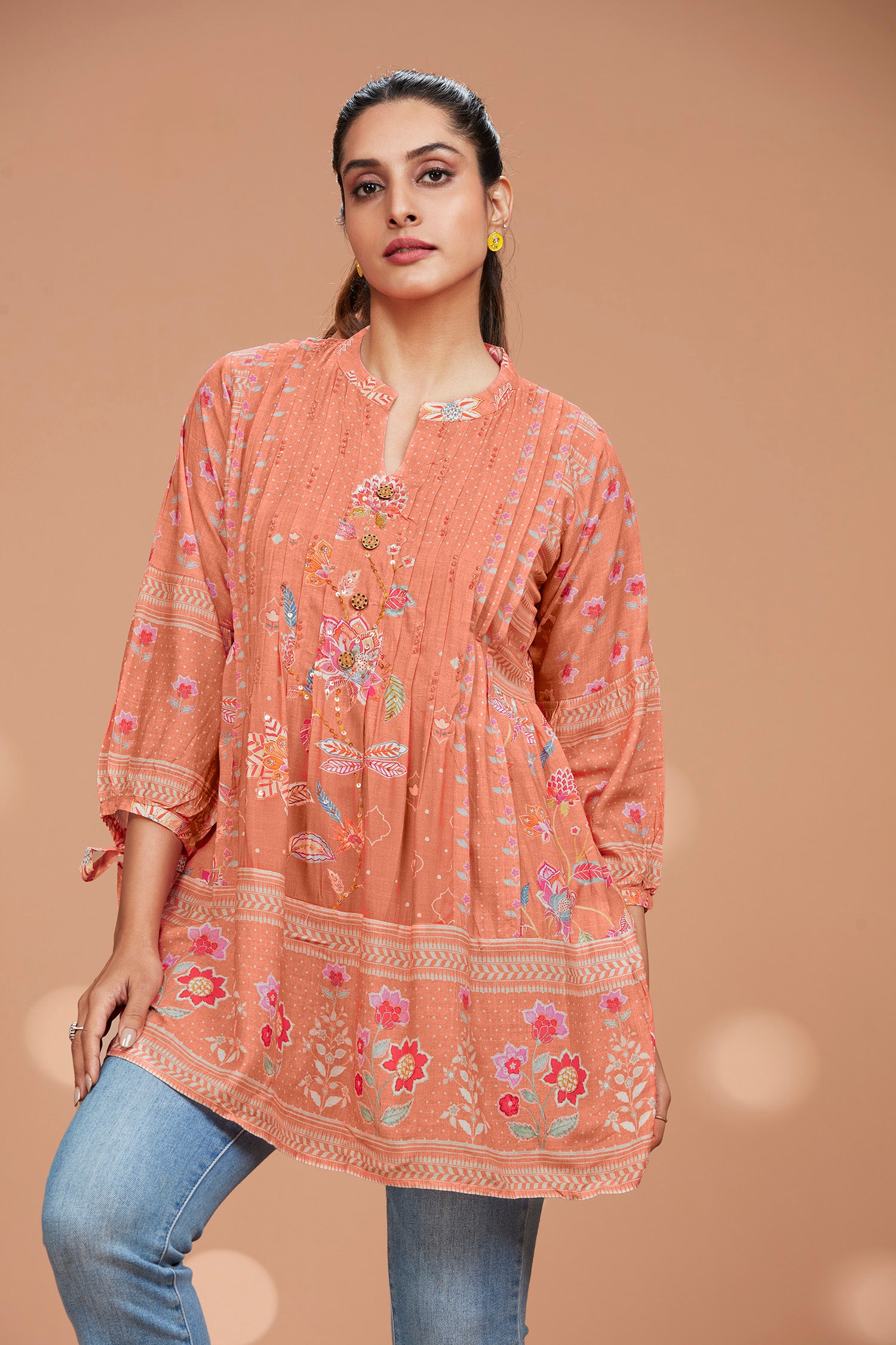Cotton Popsicle Orange Long Kurti image 2
