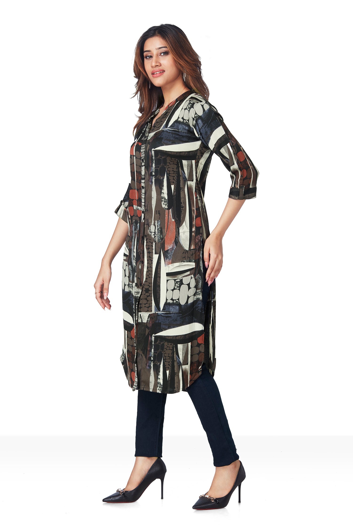 Printed Daily Wear Shirt Pattern Long Kurti - Coffee image 4