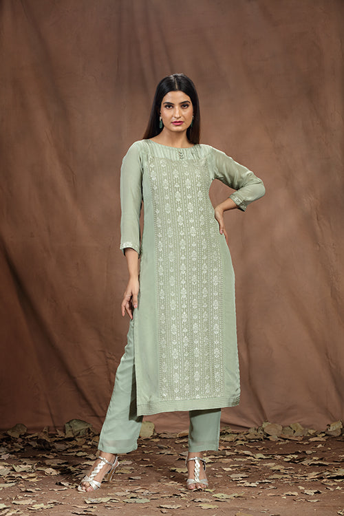 Viscose Crepe Embroidered Kurti For Eveningwear - Pista Green