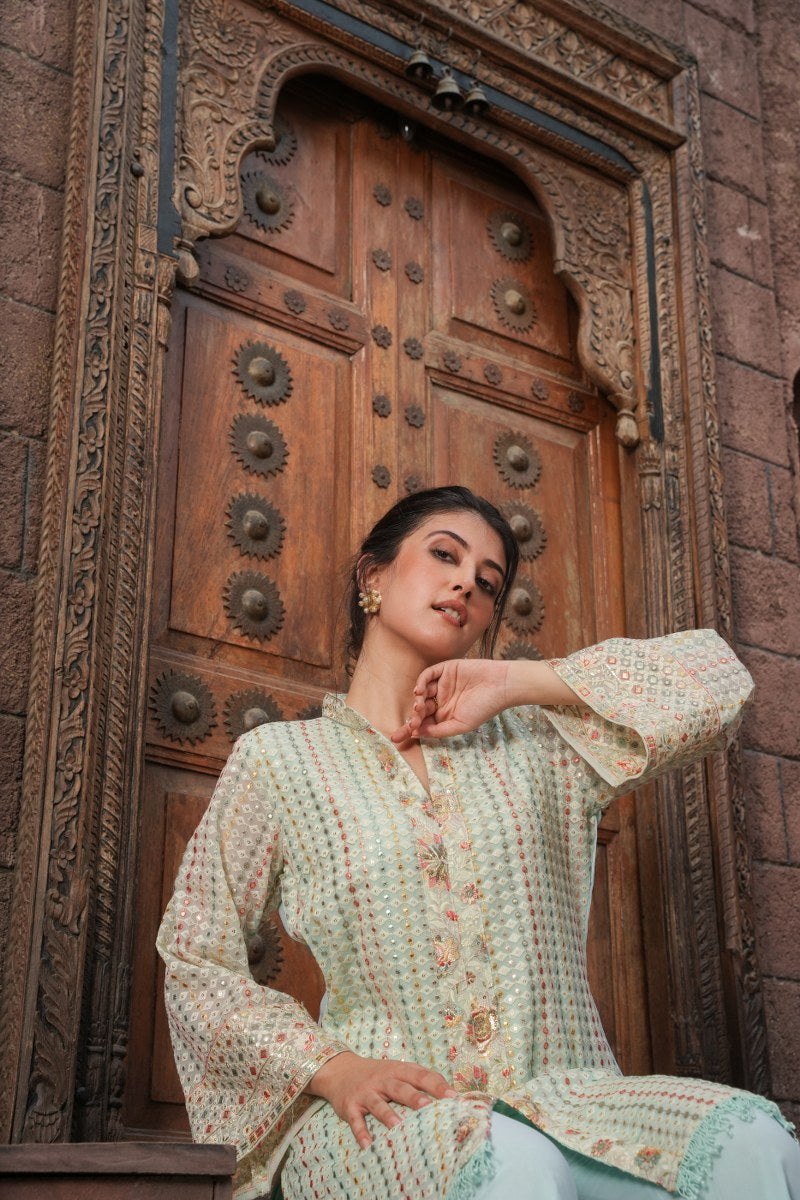 Elegant Embroidered Pastel Cord Set:tuni Knee- Length Tunic Top With Mandarin Collar With Matching Pants image 2