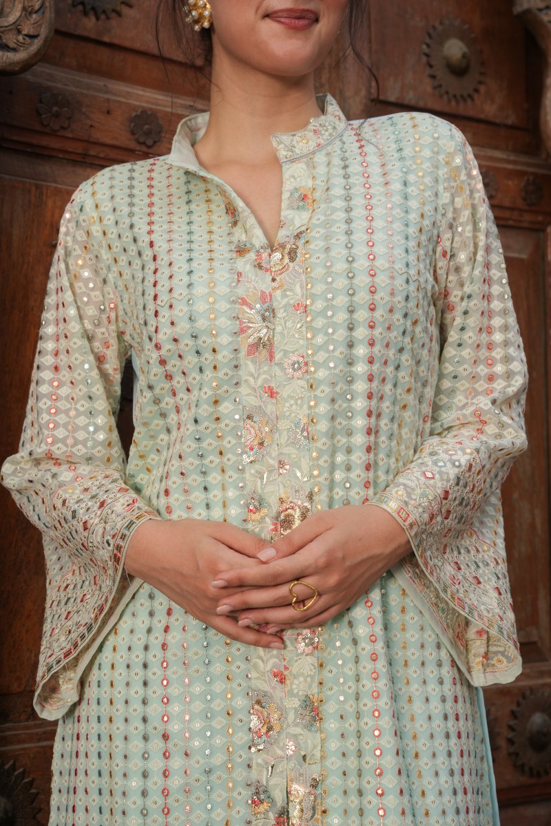 Elegant Embroidered Pastel Cord Set:tuni Knee- Length Tunic Top With Mandarin Collar With Matching Pants image 3