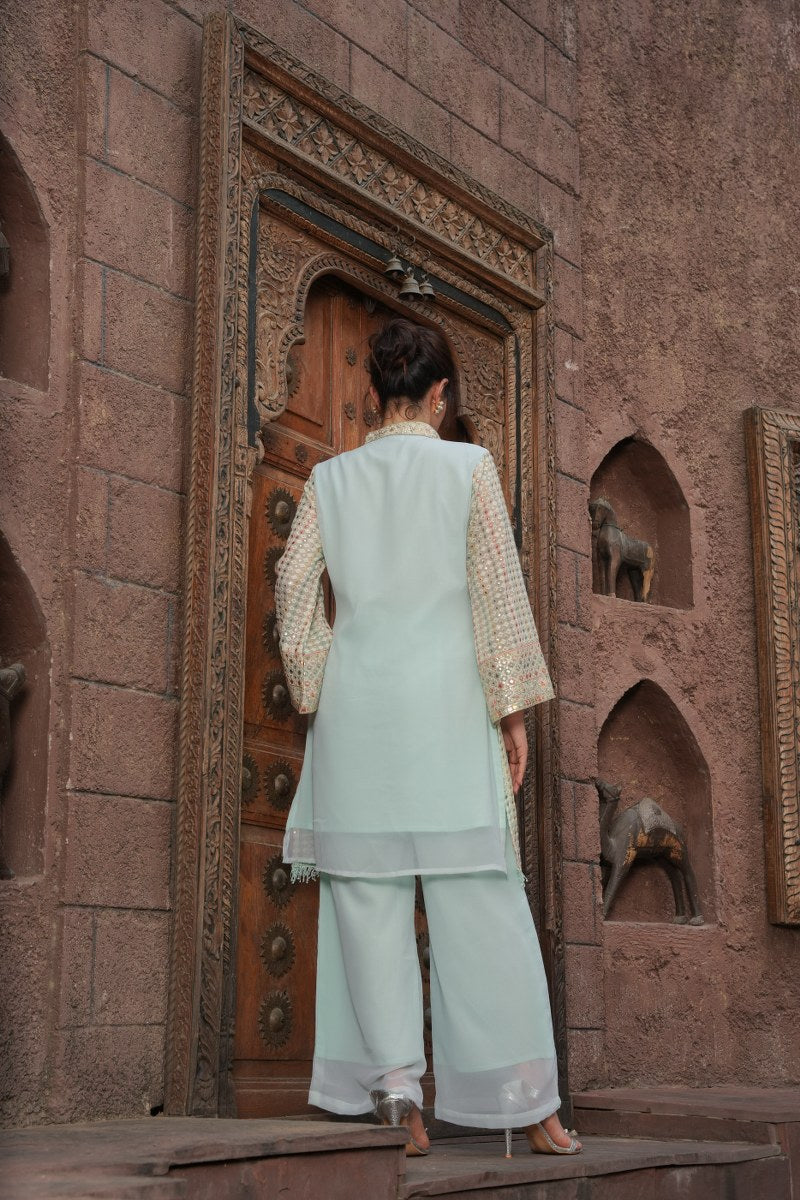 Elegant Embroidered Pastel Cord Set:tuni Knee- Length Tunic Top With Mandarin Collar With Matching Pants image 4