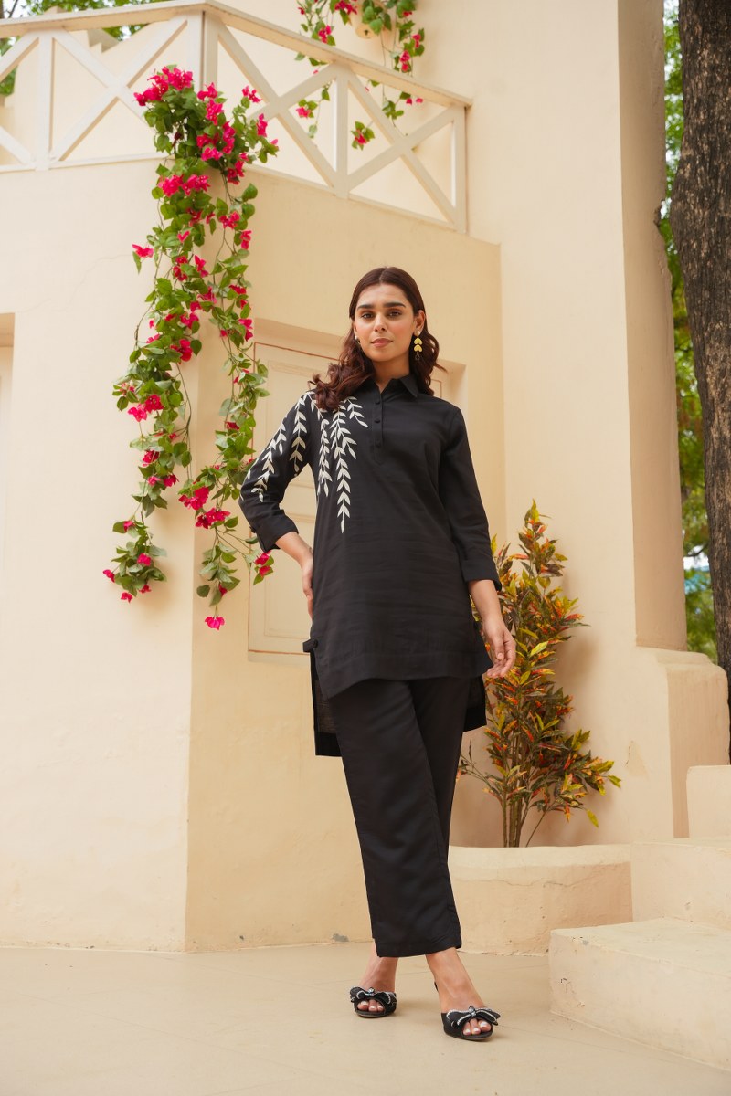Pure Cotton Embroidered High-low Tunic & Trouser Cord Set