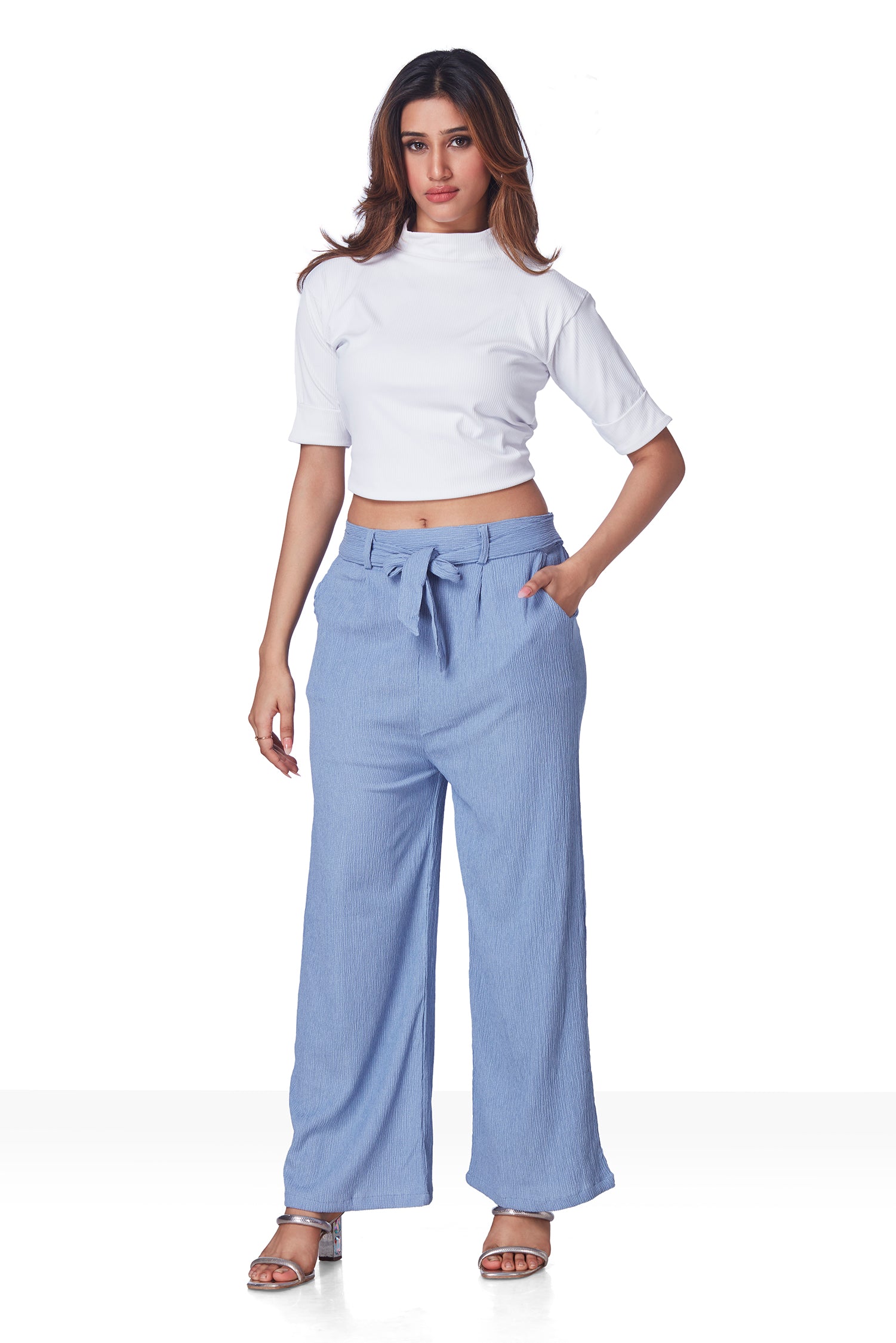 Crush Plazo Pant With Belt - Blue