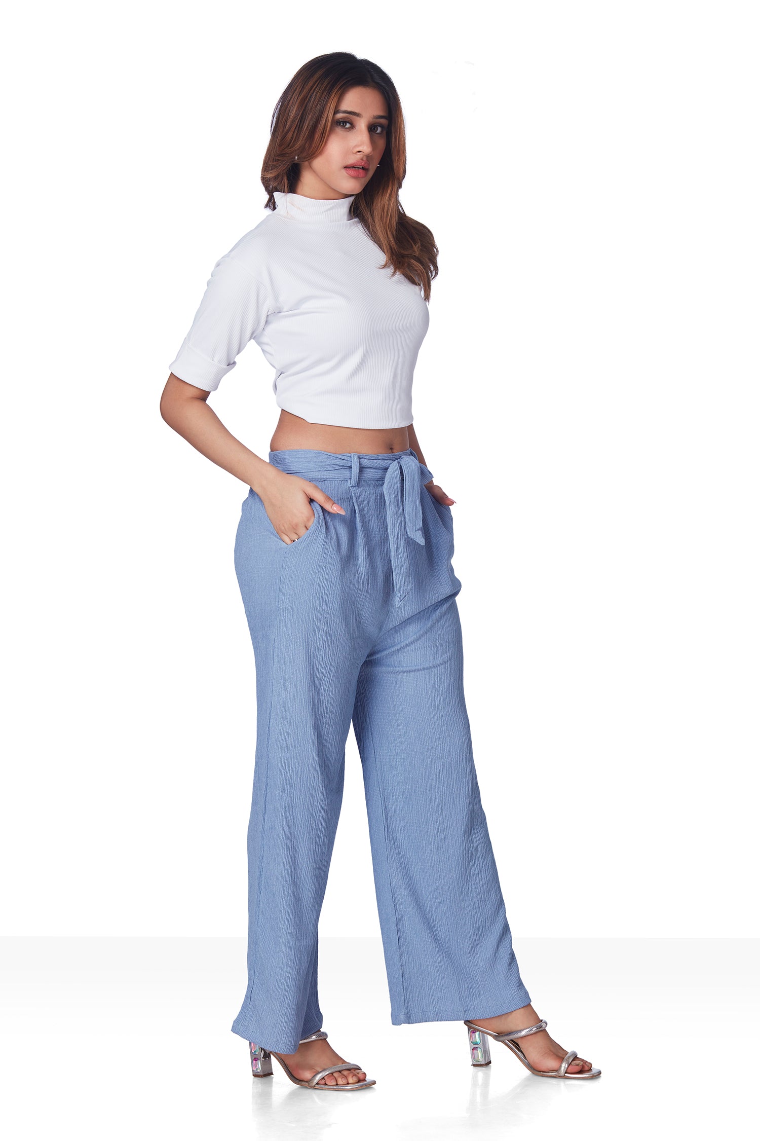 Crush Plazo Pant With Belt - Blue image 2