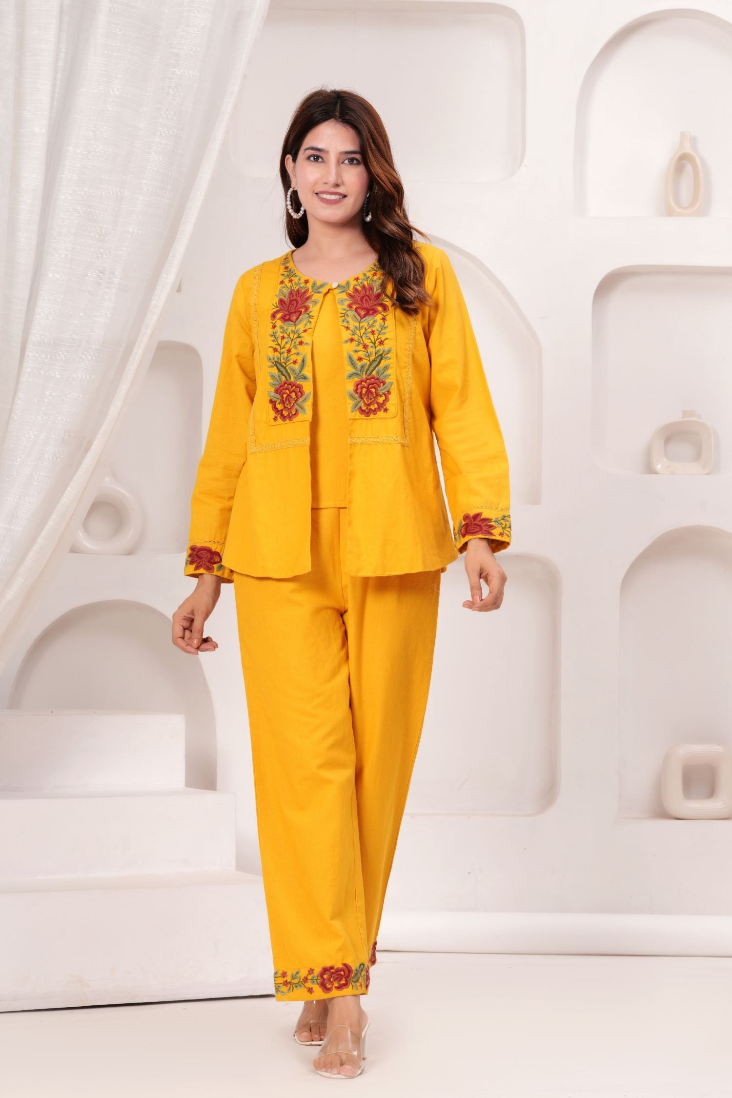 Mustard Three-piece Outfit With Elegant Jacket Style