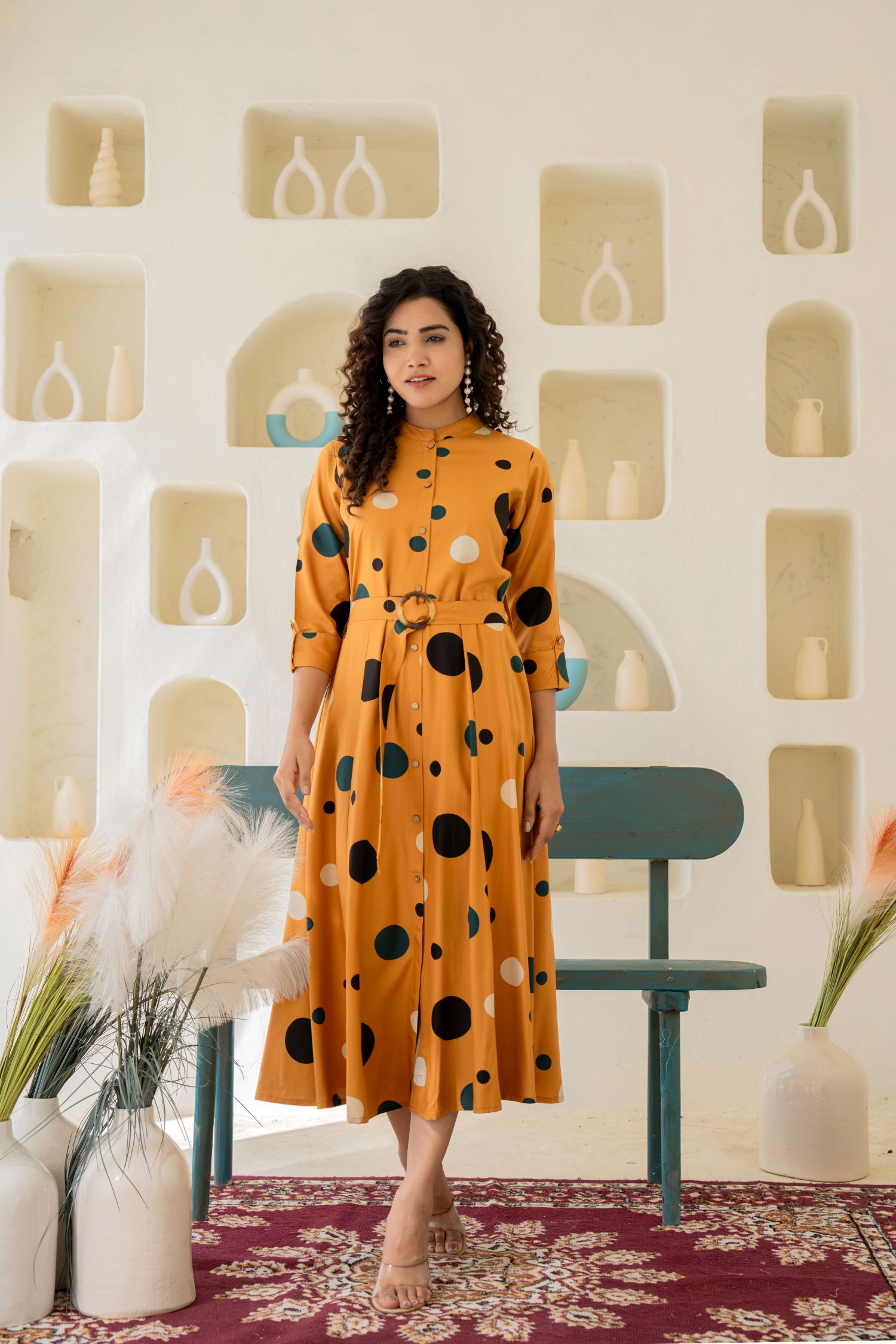 Chic Mustard Shirt Style Dress With Belt