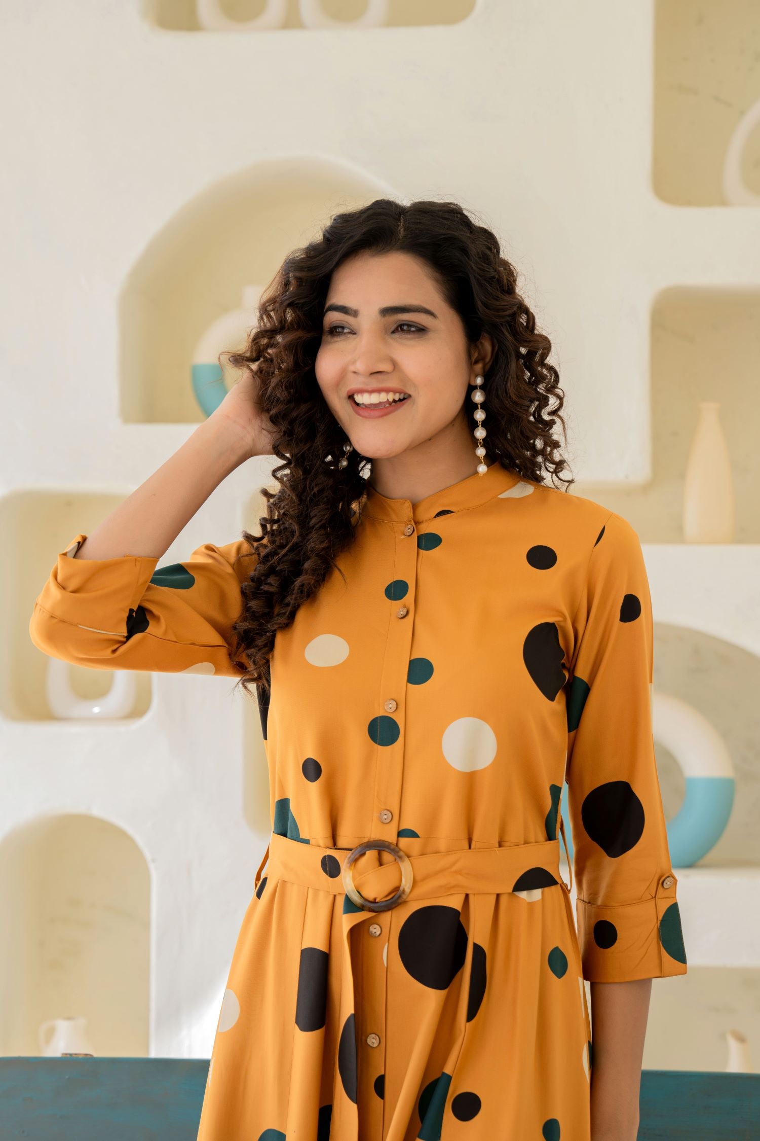 Chic Mustard Shirt Style Dress With Belt image 2